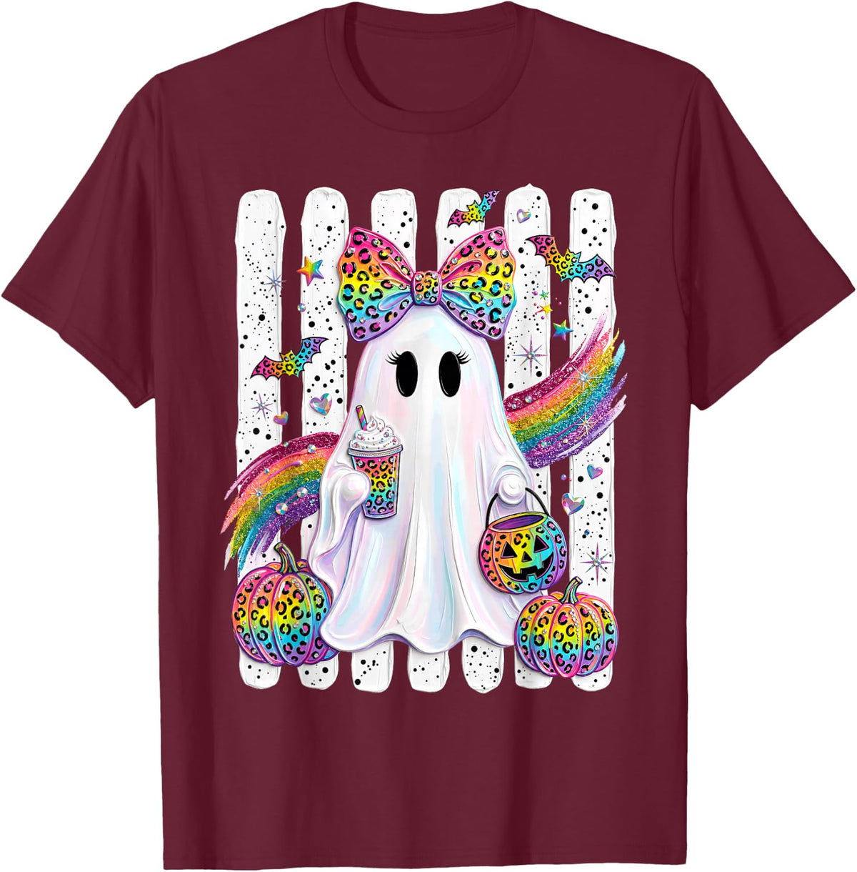 Funny Ghost Jack O Lantern Rainbow Spooky Halloween Striped T-Shirt - Burgundy