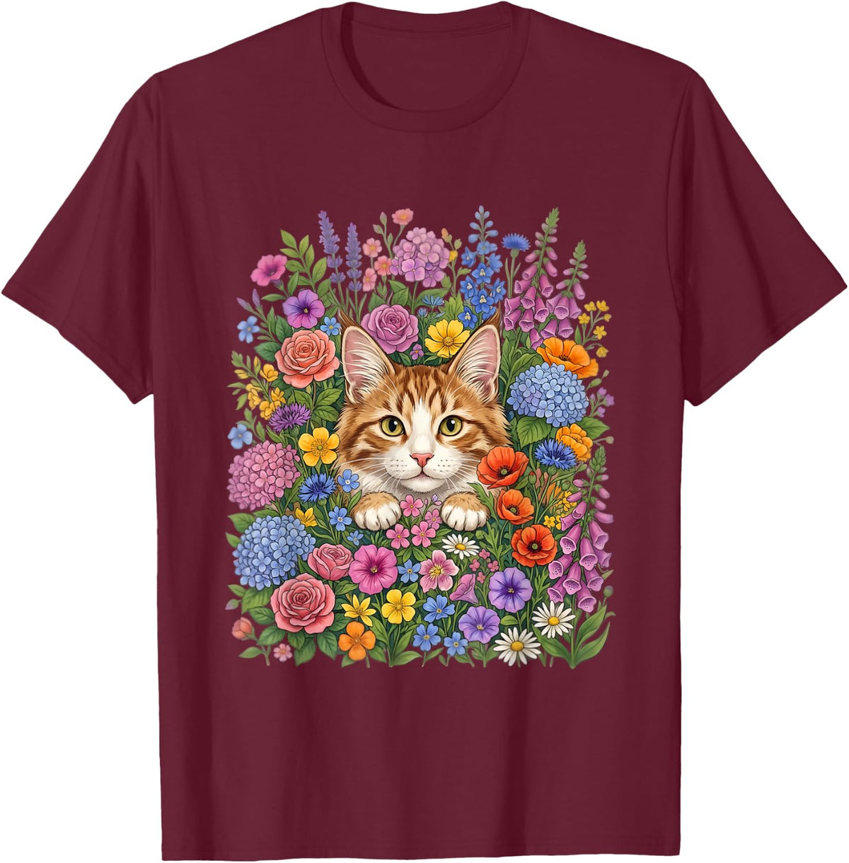 Tabby Kitten in Flower Garden Floral Cat Mom Kitty Art T-Shirt - Burgundy