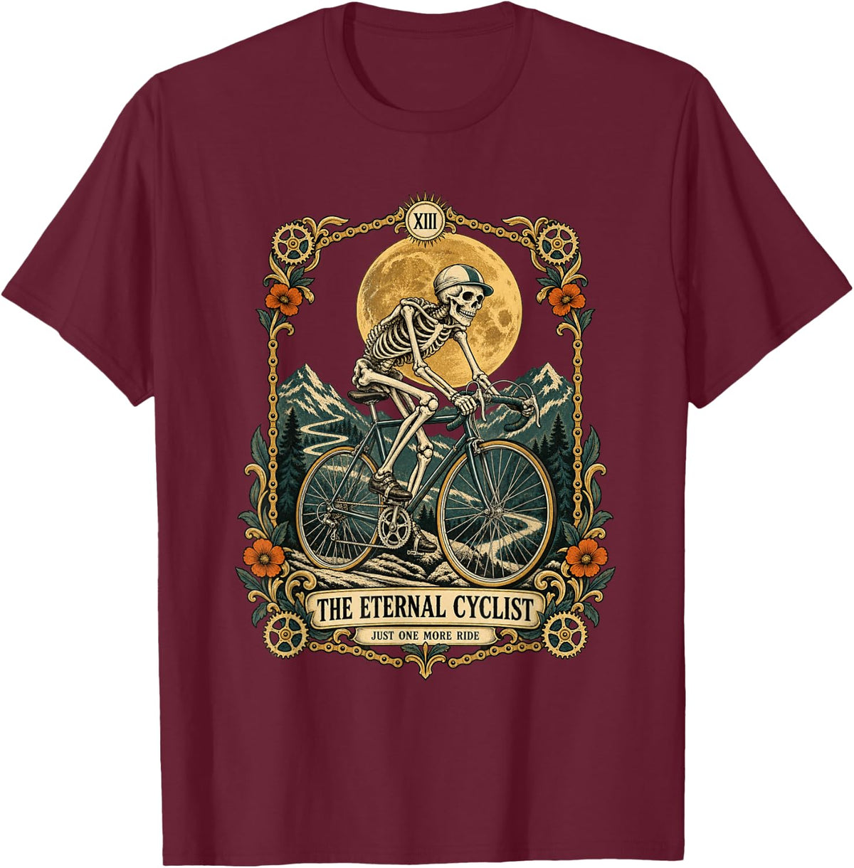 Cycling Skeleton The Eternal Cyclist Just One More Ride T-Shirt - Burgundy
