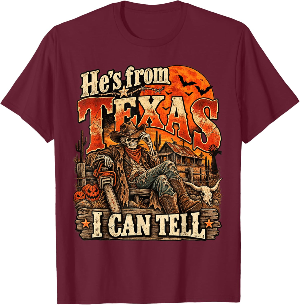 Hes from Texas I can Tell Vintage Texas Cowboy Halloween T-Shirt - Burgundy