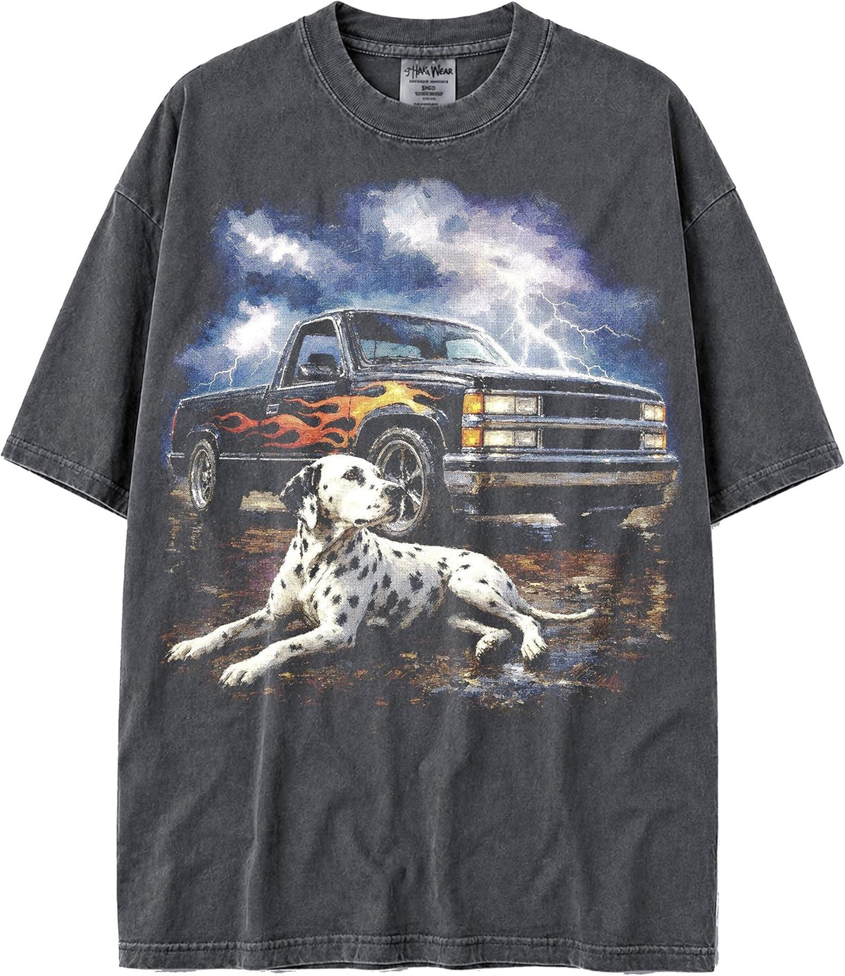 U.S.A. MAX-Heavyweight Shaka Wear Faded Oversized 7.5oz Cotton Tshirt with Animals, Truck Thunder and Flames - Dalmatian