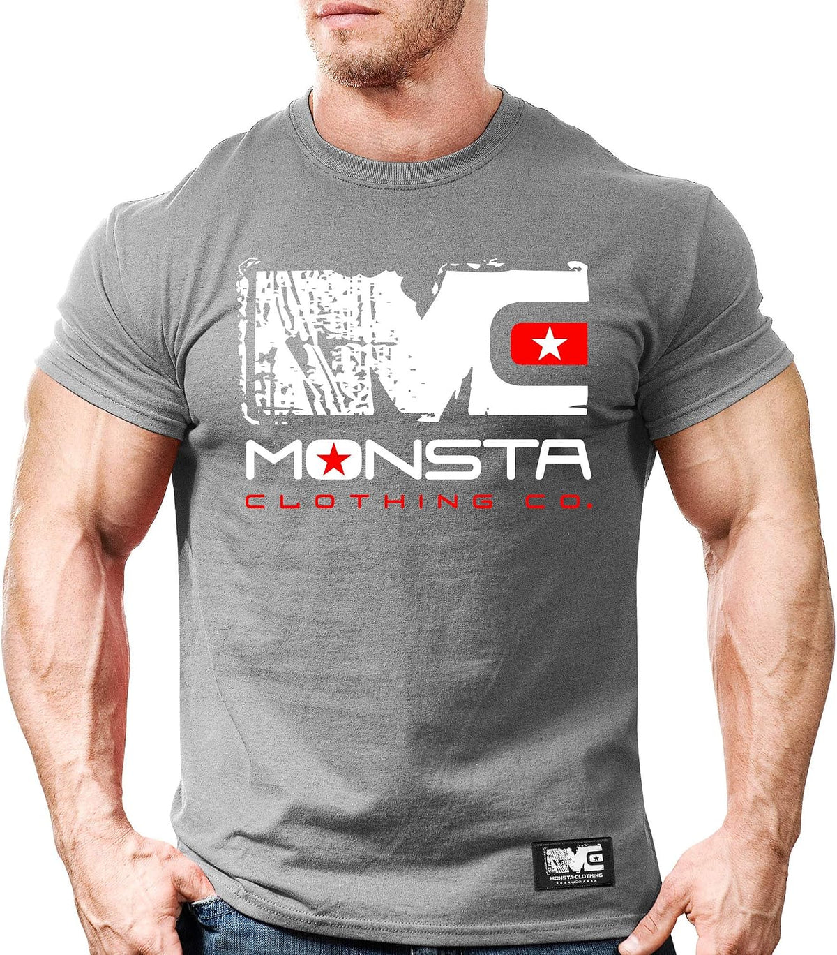 Monsta Clothing Co. Men's Bodybuilding Fitness Workout (MC-Icon-108) Gym T-Shirt - Charcoal\/White