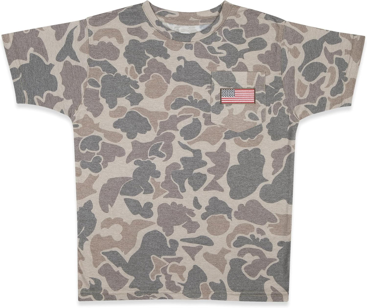 Men's Patriotic Camo T-Shirt for Men, Hunting Apparel with USA Flag Embroidery in Chest Pocket, Great Camouflage - Classic