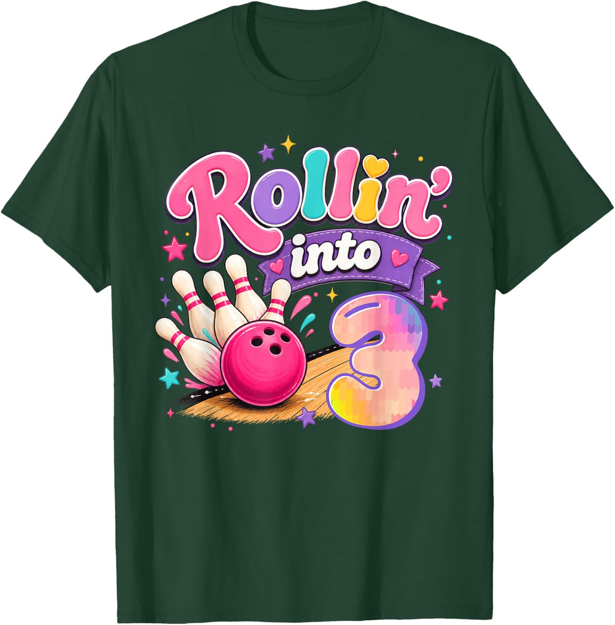 Rollin Into 3 Birthday Girls 3 Year Old Bowling Party T-Shirt - Dark Green