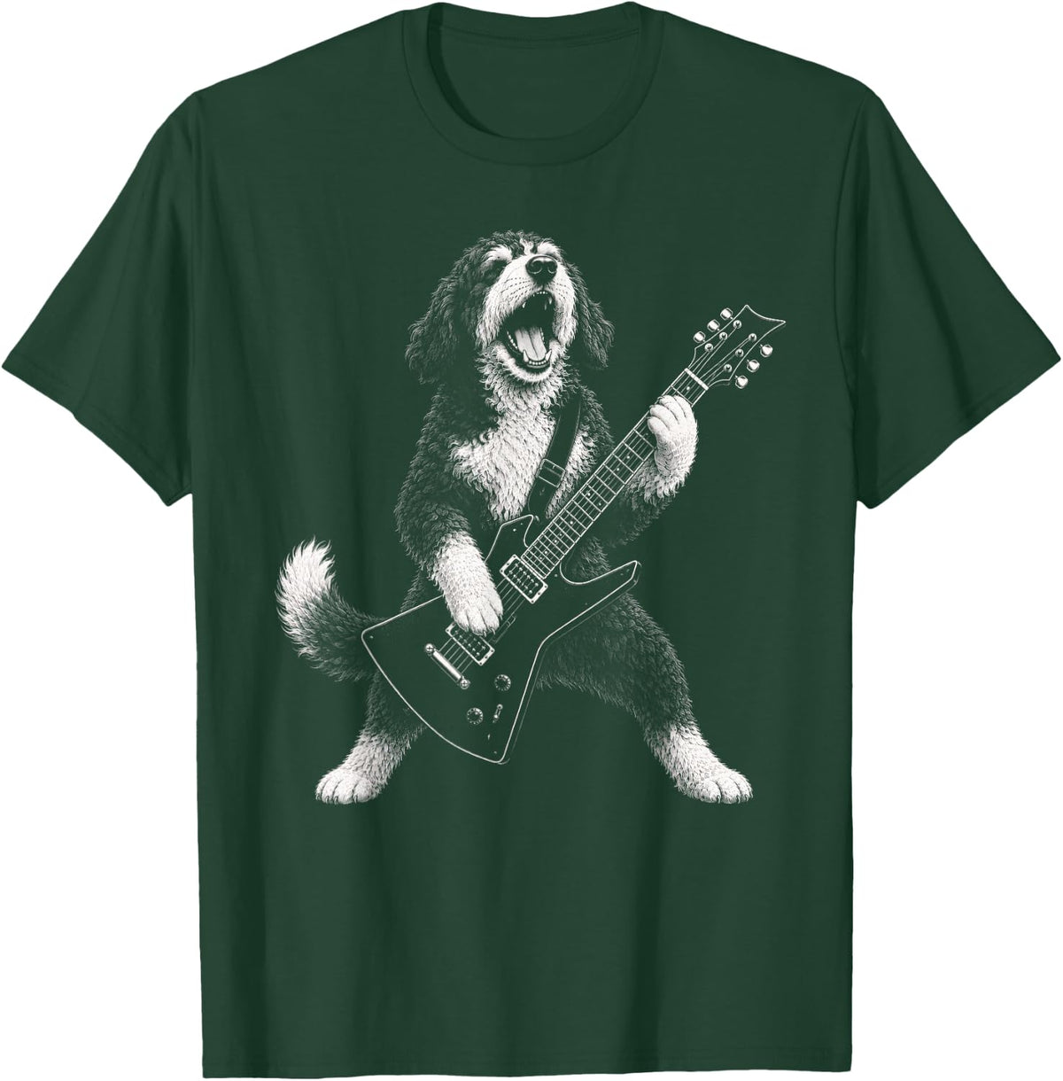 Bernedoodle Playing Guitar Funny Rock and Roll Dog T-Shirt - Dark Green