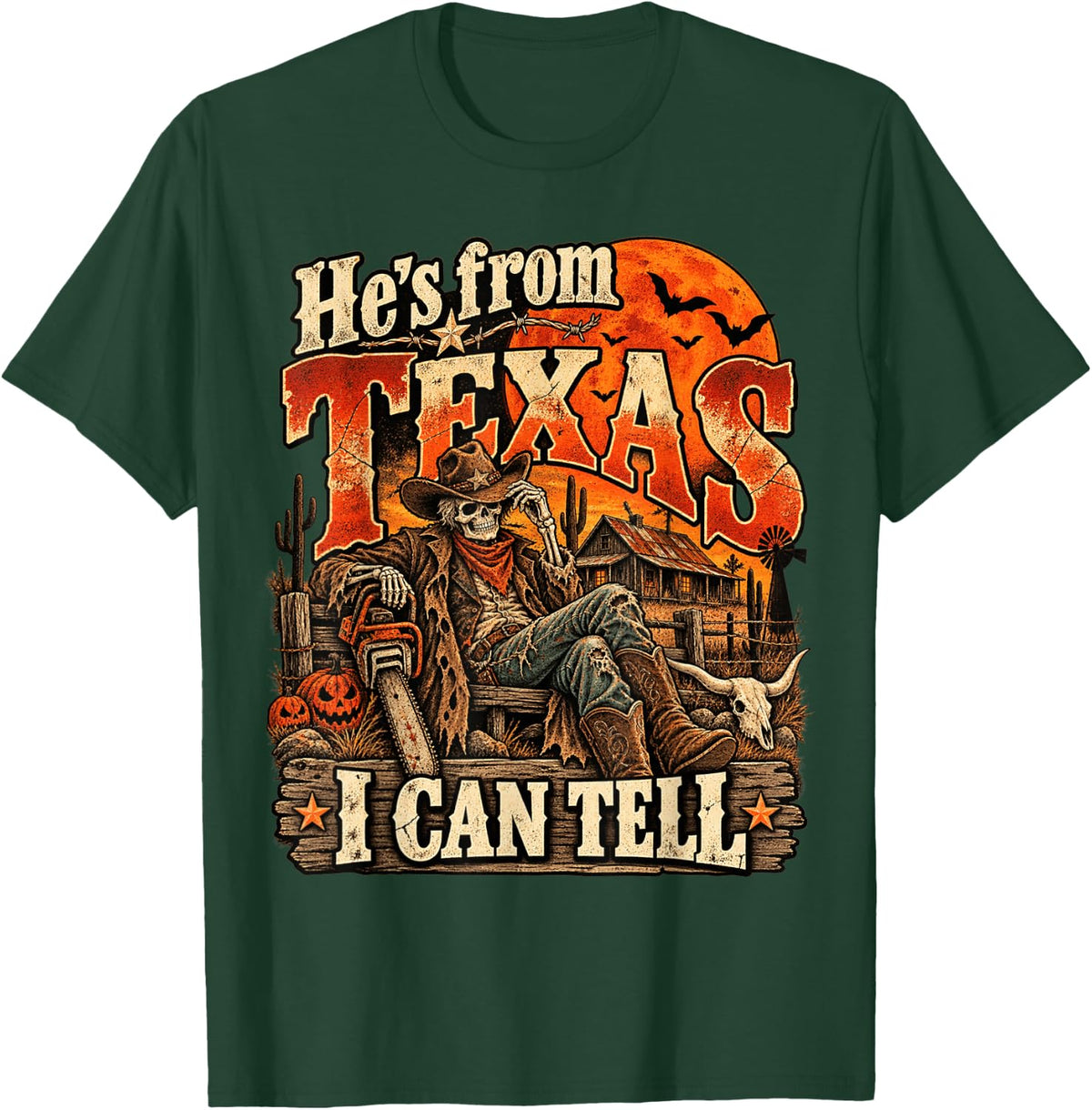 Hes from Texas I can Tell Vintage Texas Cowboy Halloween T-Shirt - Dark Green