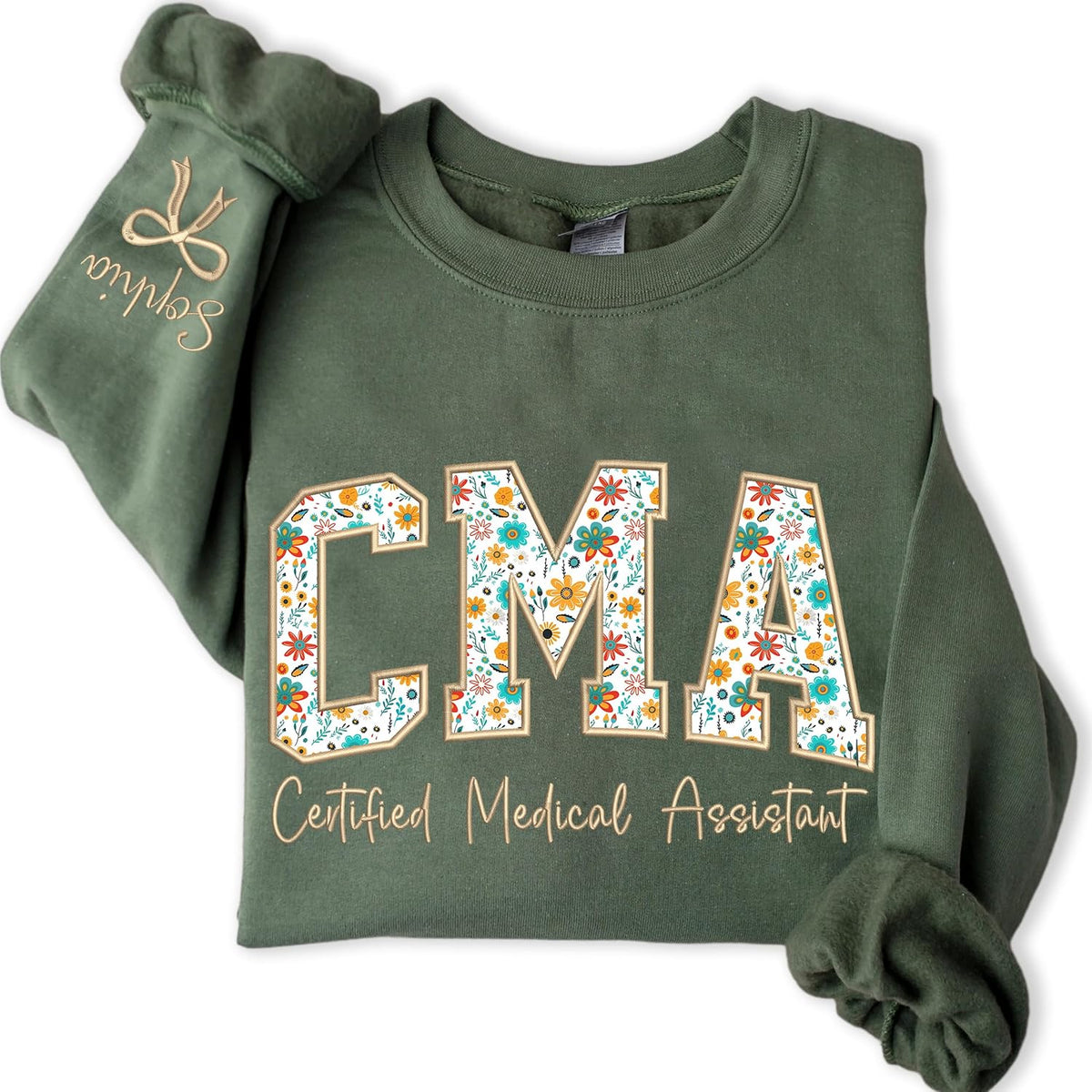 Personalized CMA Nurse Sweatshirt, Embroidered Floral Applique CMA Nurse Shirt, Certified Medical Assistant Gift, MA Nurse