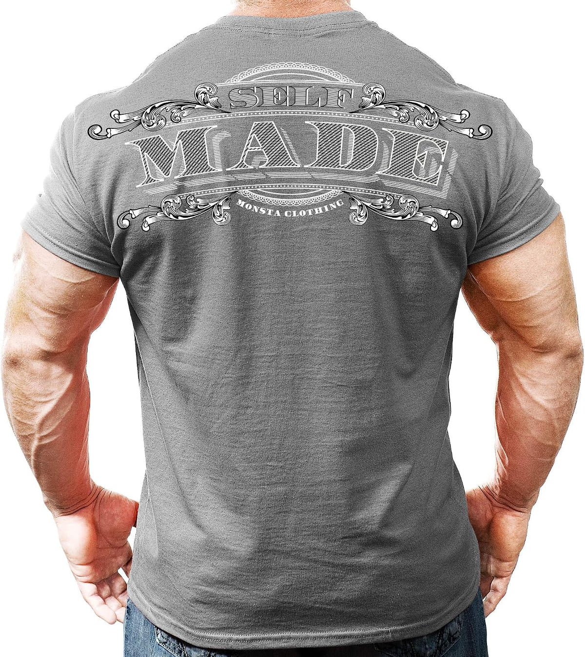 Monsta Clothing Co. Men's Bodybuilding Workout (Self Made) Athletic Gym T-Shirt - Grey