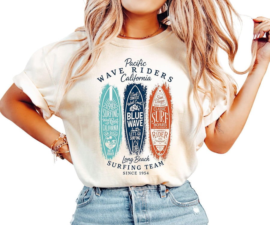 Pacific Wave Riders California Shirt Garment Dyed, Vintage Surf Tee, Retro Beach Graphic Shirt, Coastal Surfing T-Shirt -
