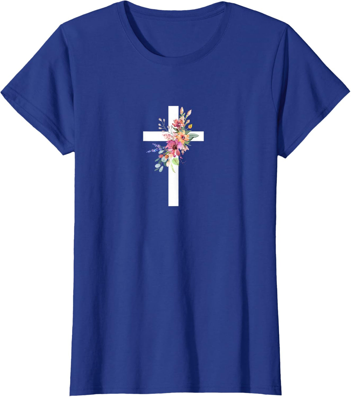 Cross with Beautiful Flowers Christian Design for Easter T-Shirt - Royal Blue