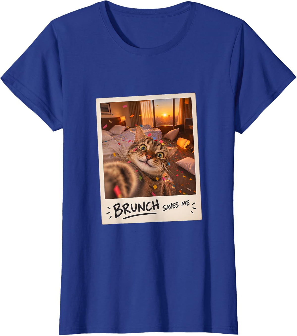 Brunch Saves Me Tabby Cat Selfie Funny Hangover T-Shirt - Royal Blue
