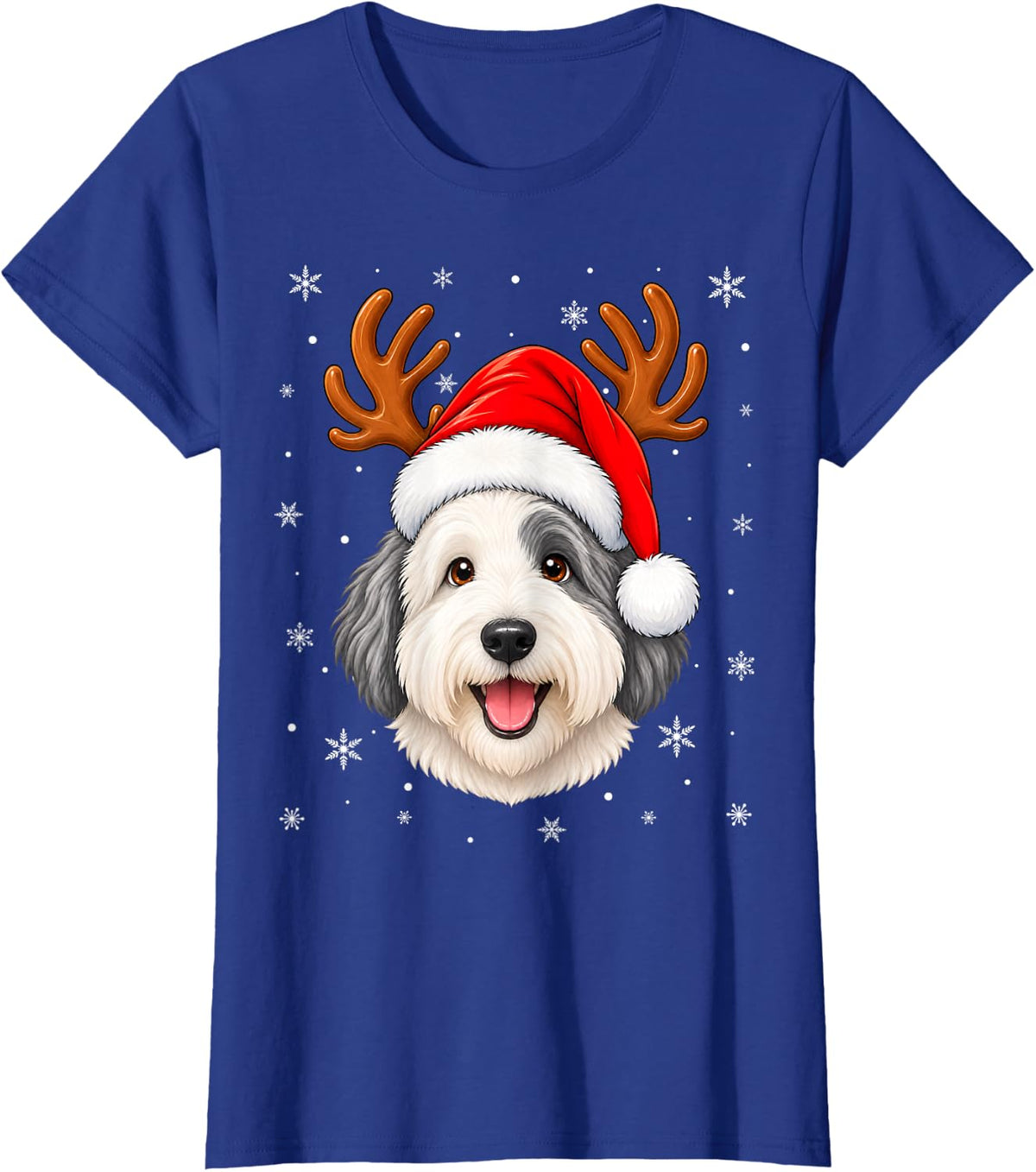 Cute Reindeer Horn Santa English Sheepdog Christmas T-Shirt - Royal Blue
