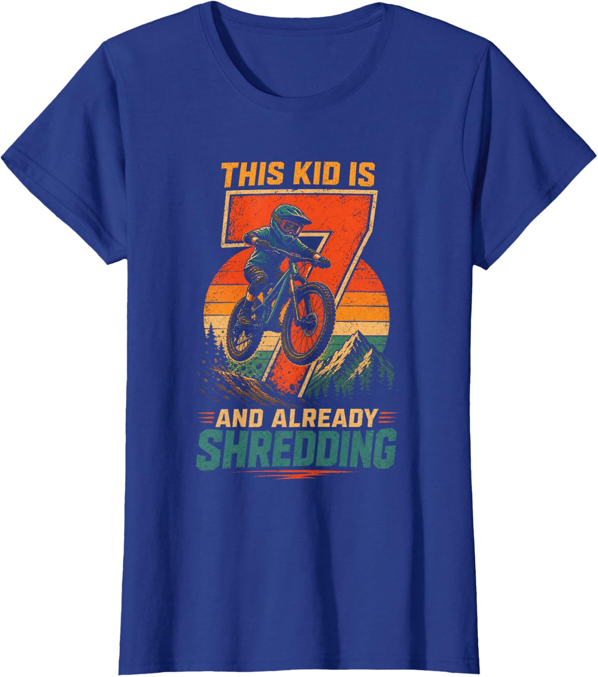 Mountain Bike Kids 7th Birthday This Kid is 7 Shredding T-Shirt - Royal Blue
