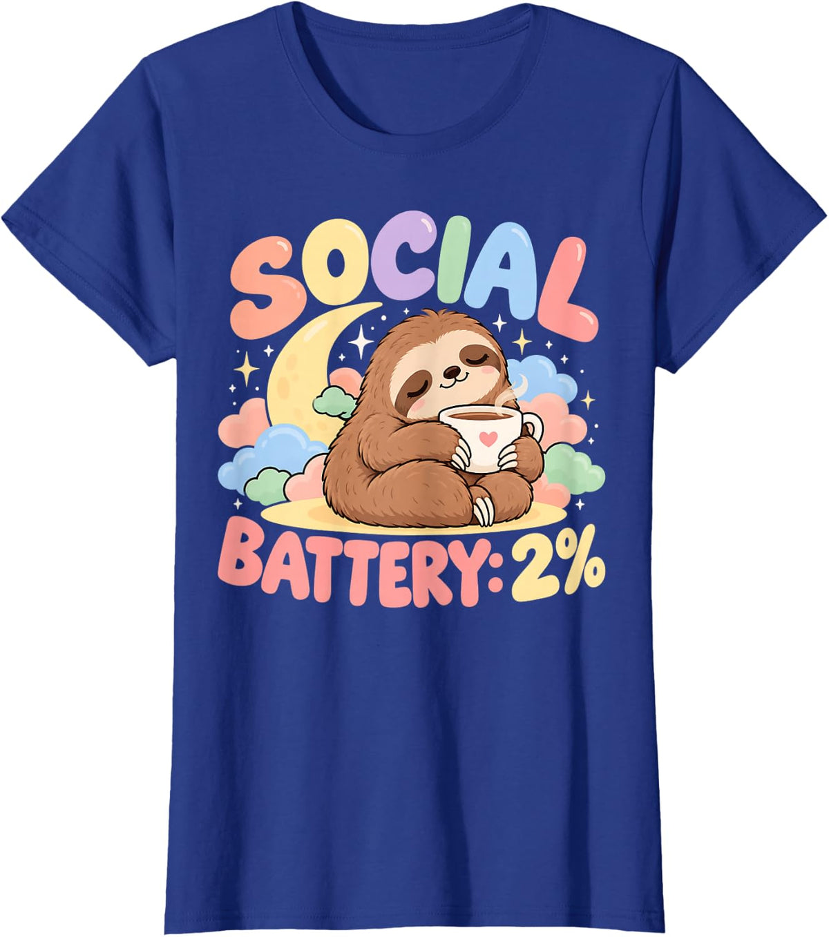 Sloth Social Battery 2% Introvert Coffee Lover Cute Kawaii T-Shirt - Royal Blue