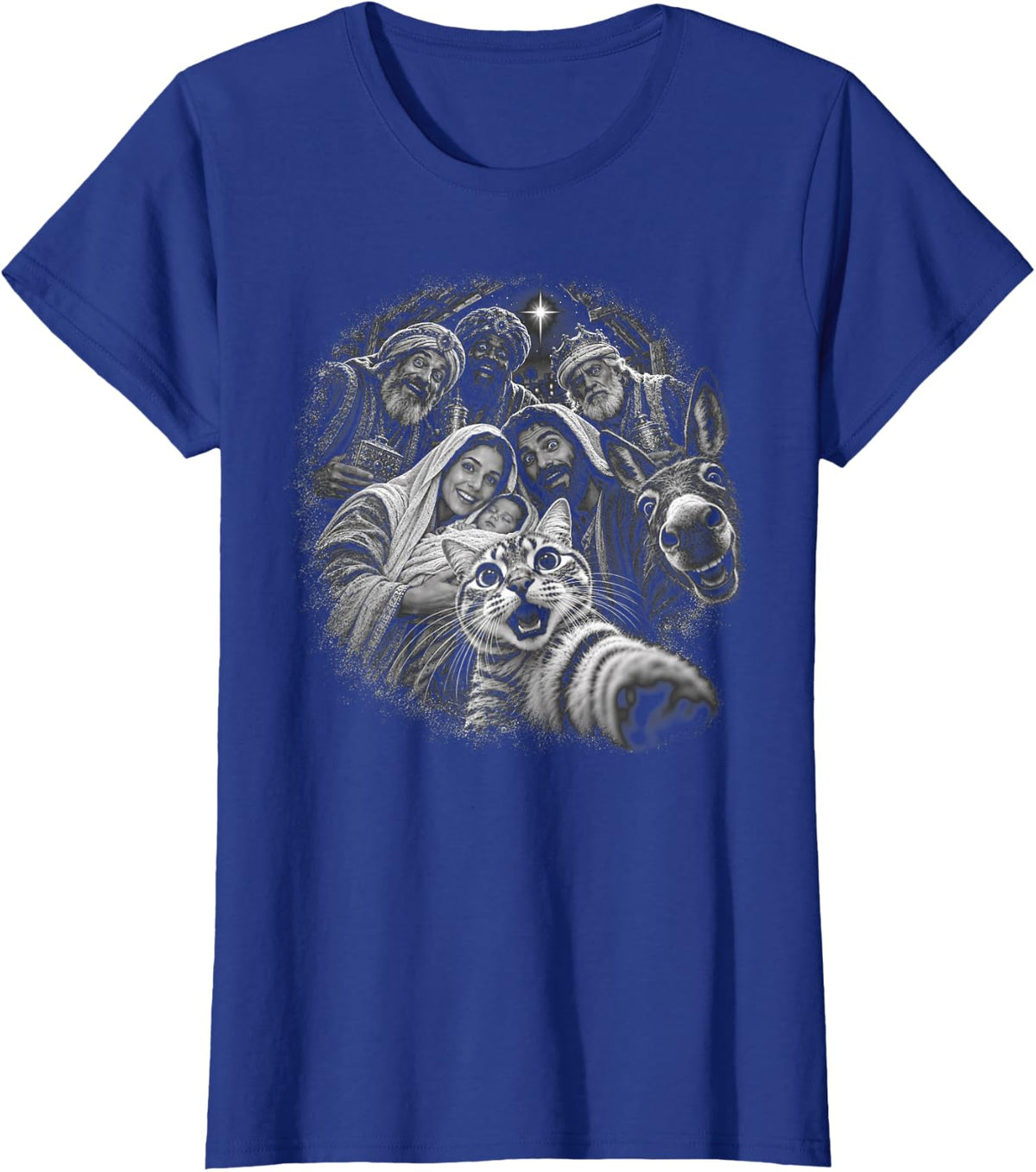Christmas Cat Selfie Nativity Tabby Portrait T-Shirt - Royal Blue