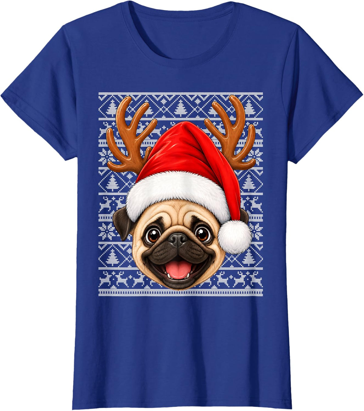 Pug Christmas Santa Hat Ugly Sweater Dog Xmas T-Shirt - Royal Blue