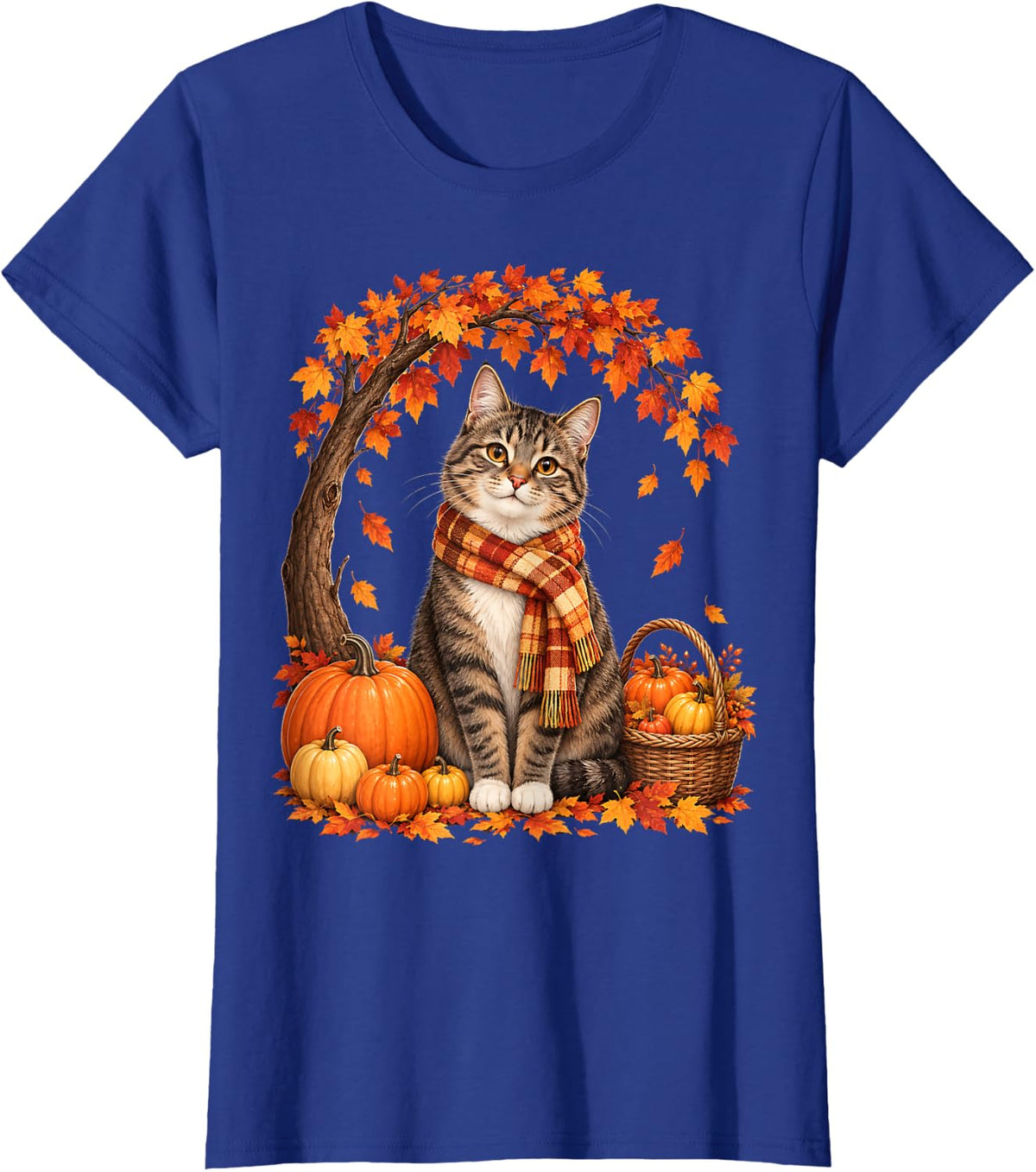 Thanksgiving Tabby Cat Pumpkin Autumn Tree Fall Leaves T-Shirt - Royal Blue