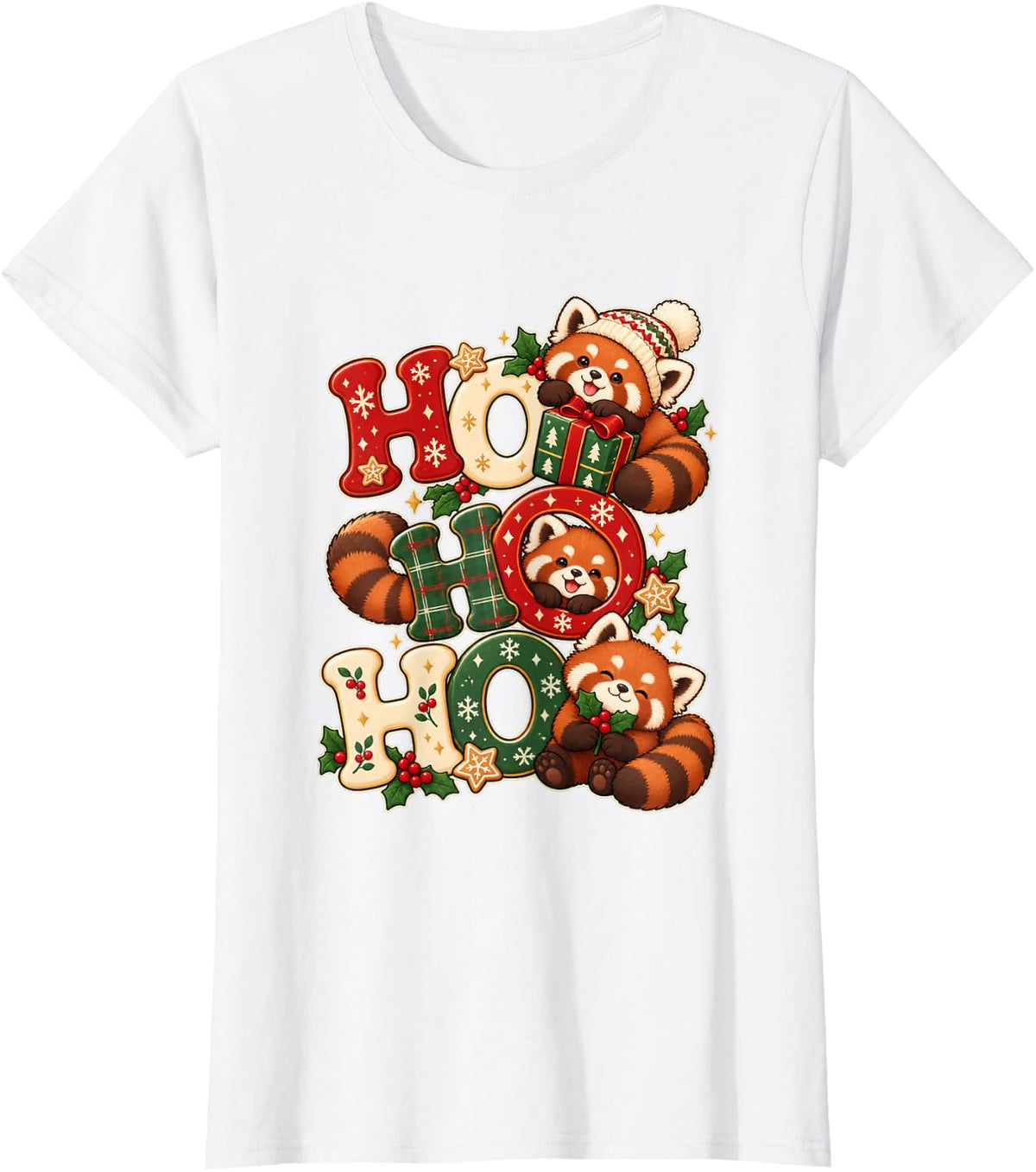 Cute Red Panda Christmas Plaid T-Shirt - White