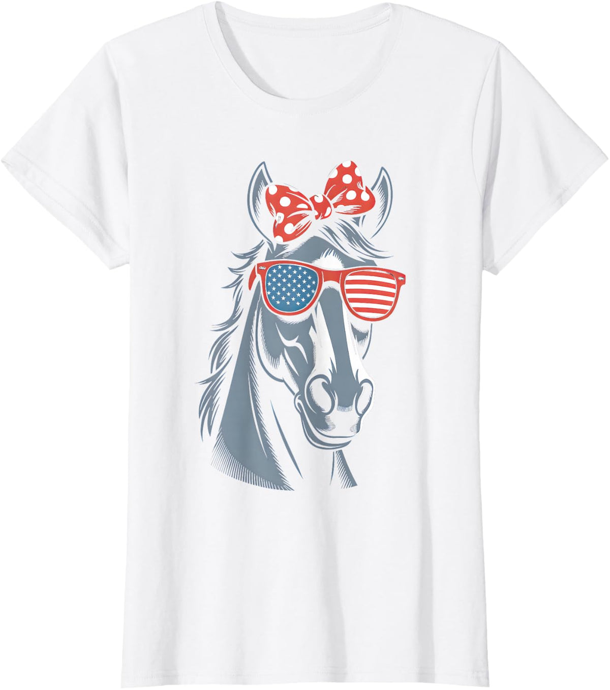 Horse 4th of July Girls Women Horse Graphic American Flag T-Shirt - White
