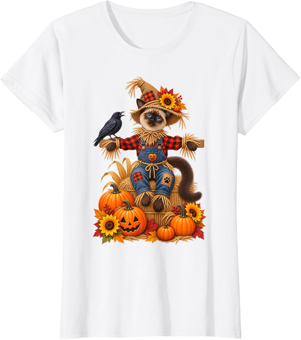 Siamese Cat Dressed Scarecrow Sunflowers Crow Raven Pumpkin T-Shirt - White