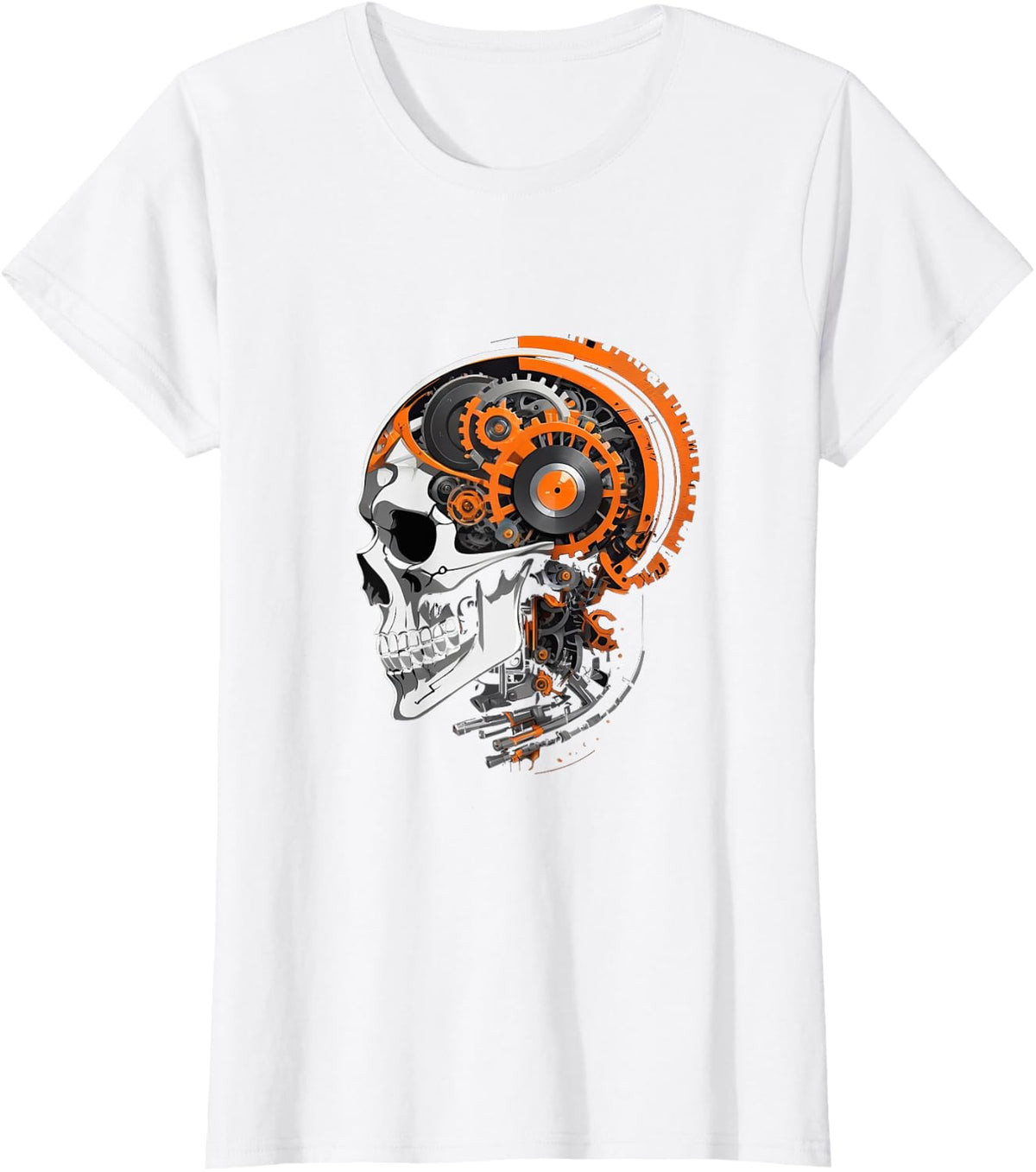 Cyberpunk Skull with Gears Vinyl Record Art Futuristic T-Shirt - White