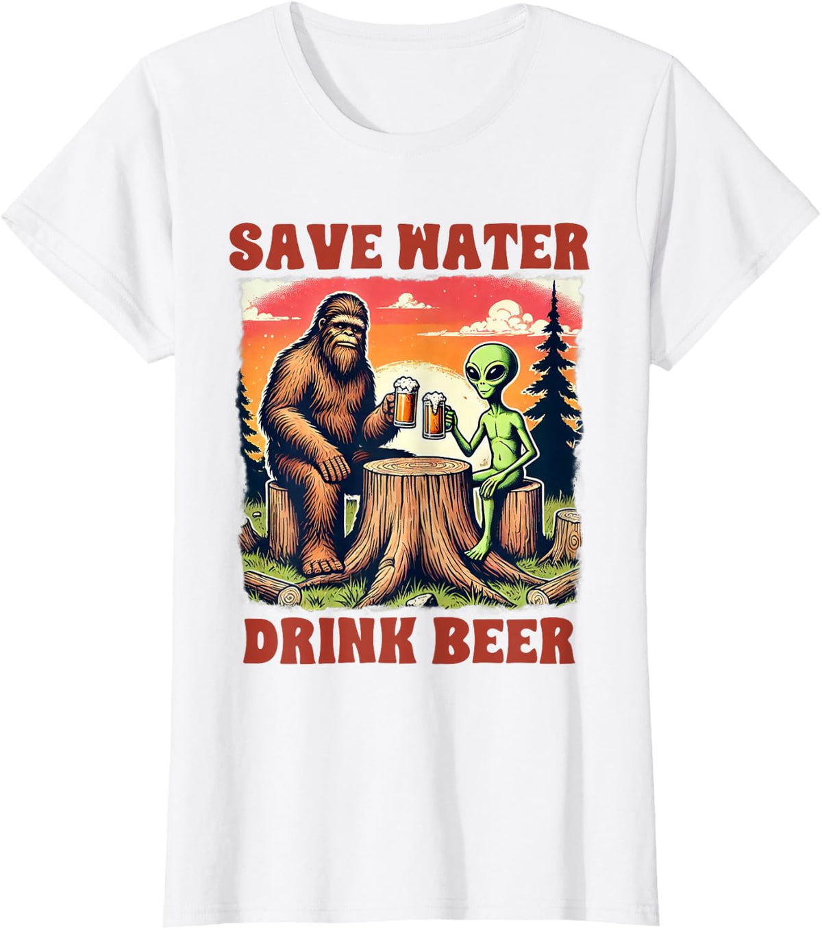 Beer Lover Drinking Bigfoot & Alien Save Water Drink Beer T-Shirt - White