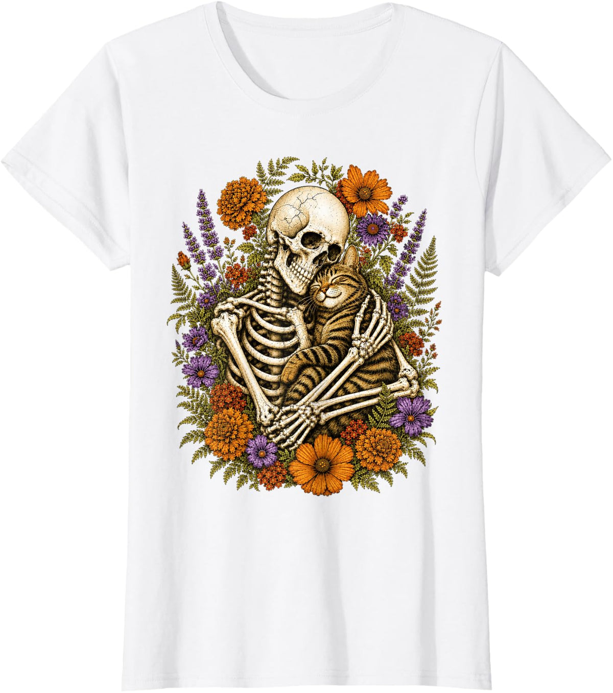 Halloween Skeleton Cuddling Cute Cat Floral Gothic T-Shirt - White