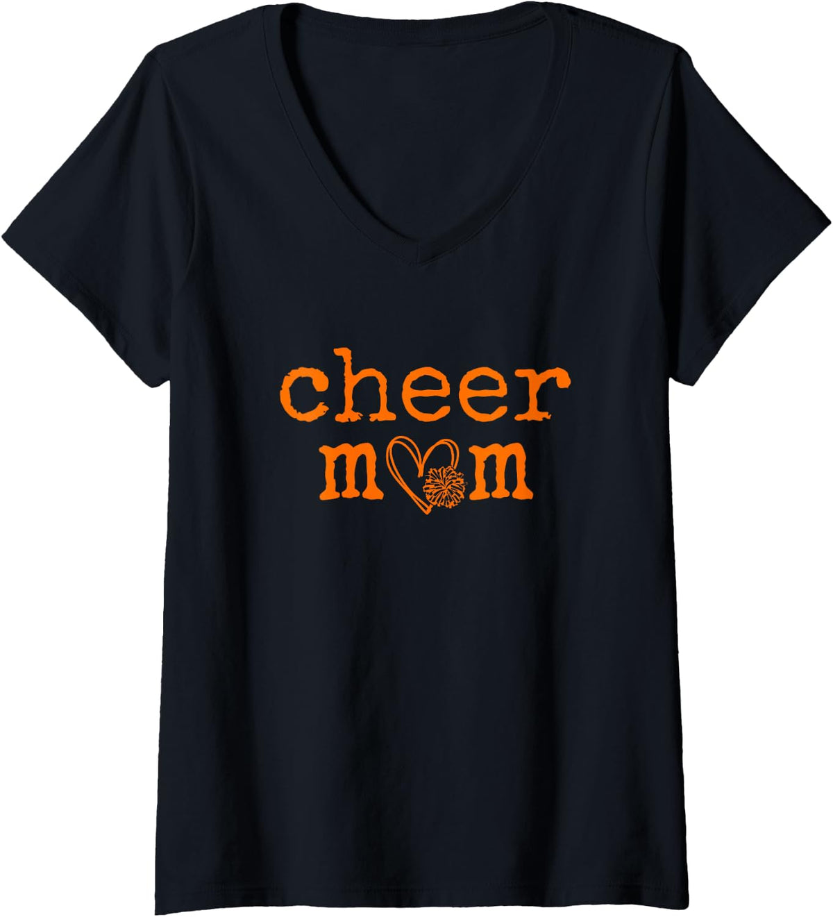 Women's Cheer Mom Orange Cheerleading Heart V-Neck T-Shirt - Black