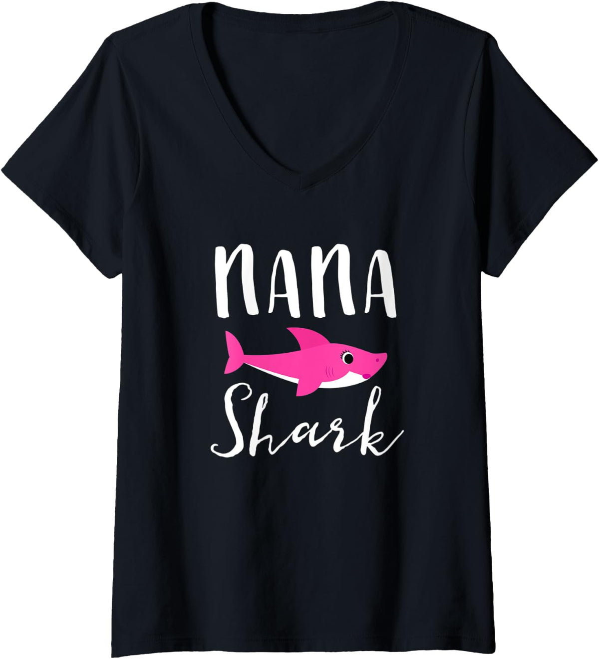 Womens Nana Shark Grandma Grandmother Pink Shark Graphic V-Neck T-Shirt - Black