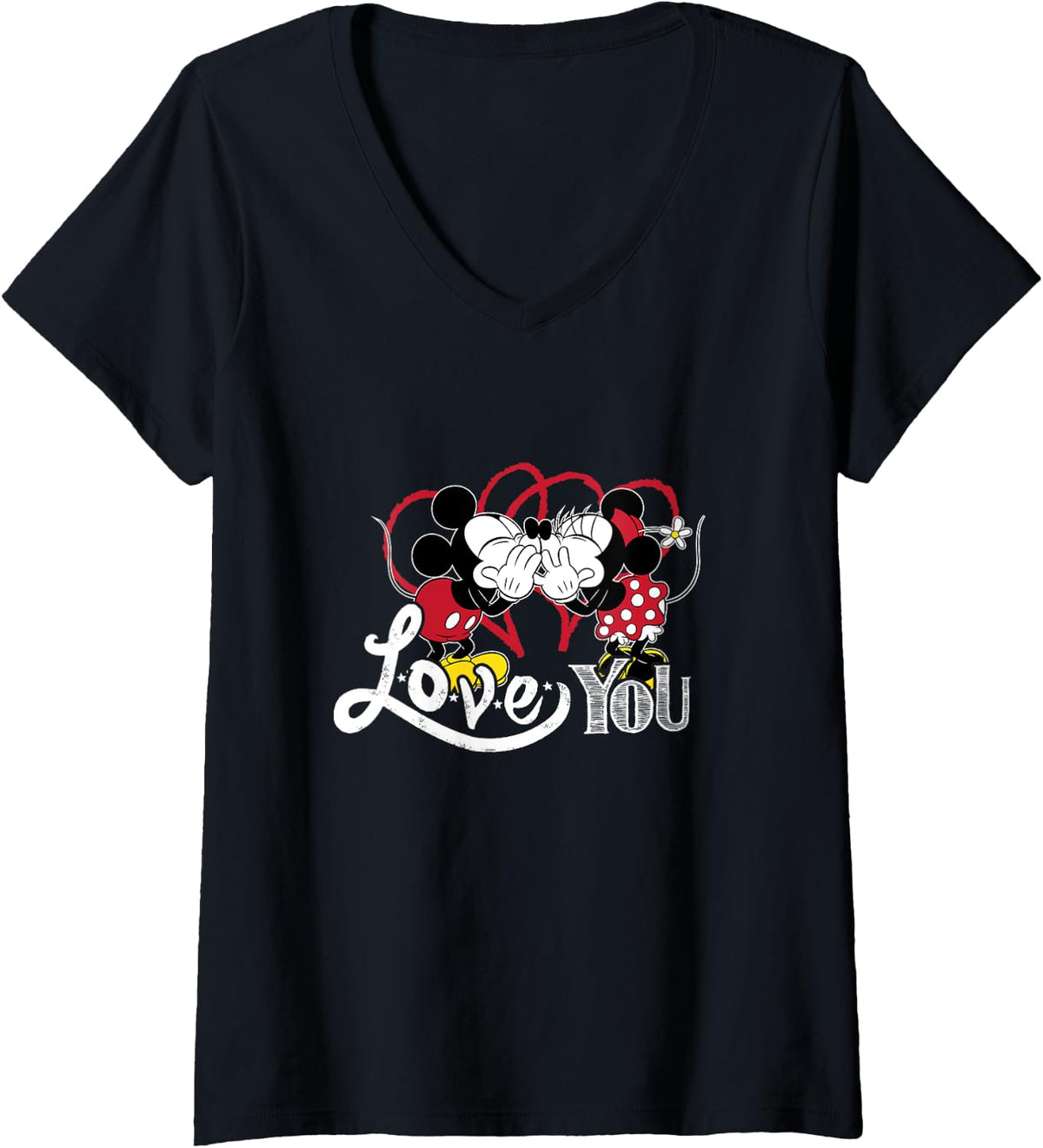 Womens Disney Mickey & Minnie Mouse Love You Secret Valentine’s Day V-Neck T-Shirt - Black
