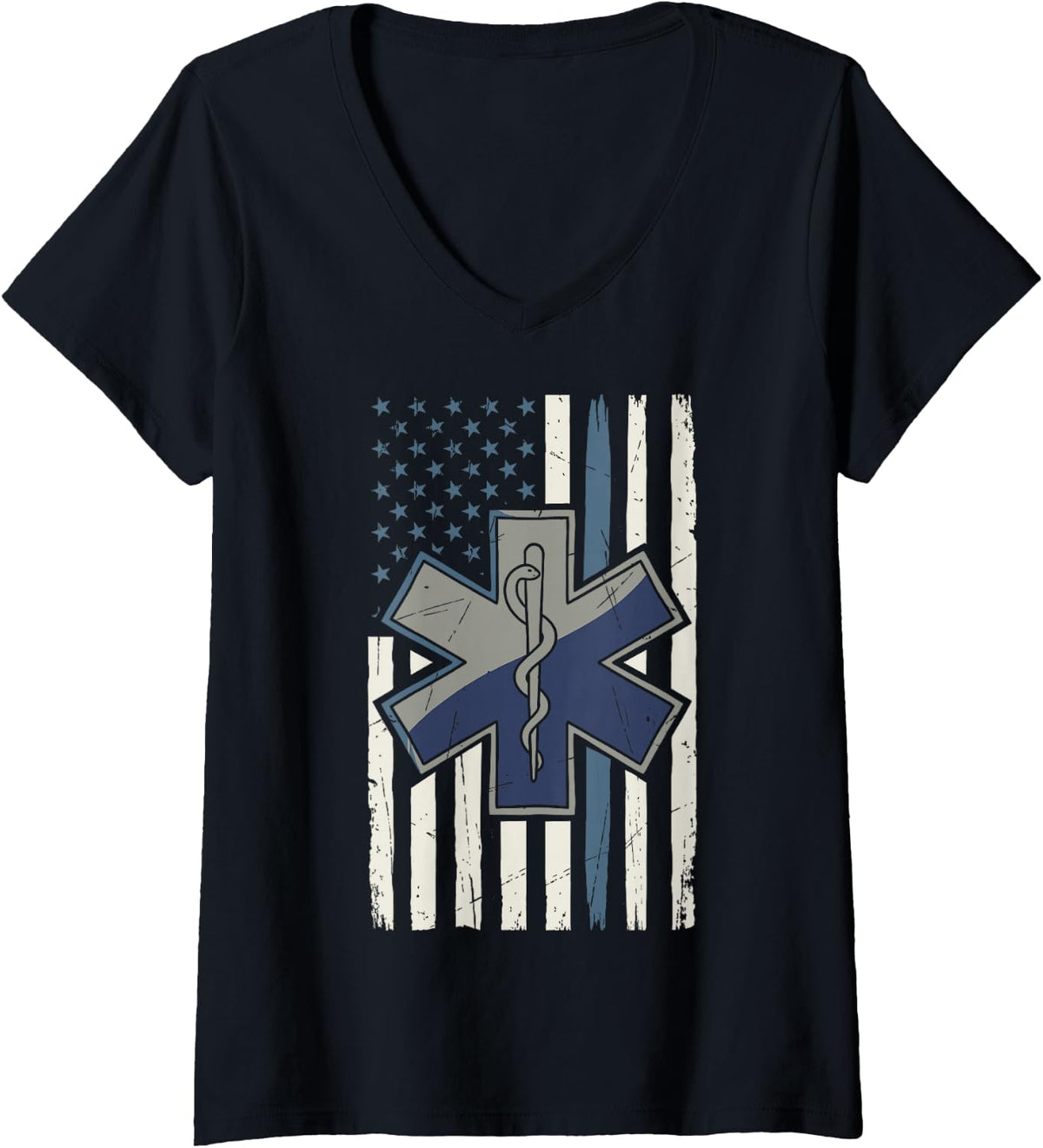 Women's US American Flag EMT Paramedic Emergency Medicine Ambulance V-Neck T-Shirt - Black