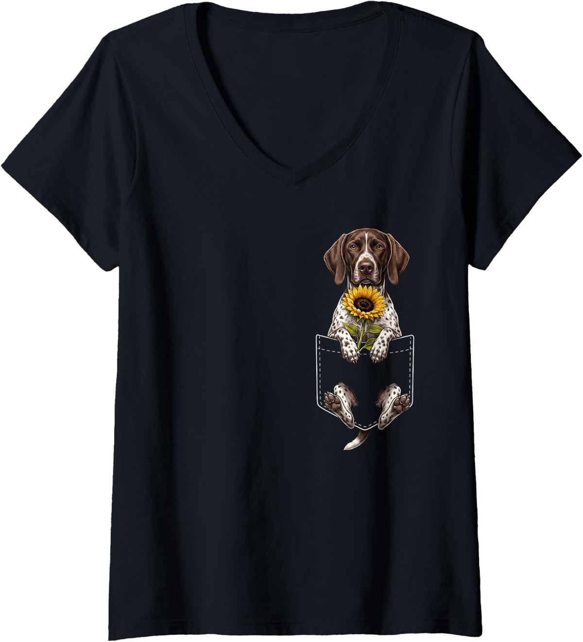 Women's German Shorthaired Pointer Sunflower Pocket Floral Dog Lover V-Neck T-Shirt - Black