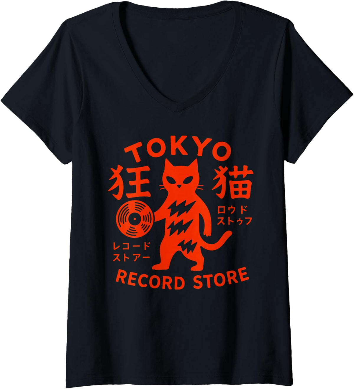 Women's Tokyo Record Store Cat Vinyl Record Player Rock Japanese Art V-Neck T-Shirt - Black