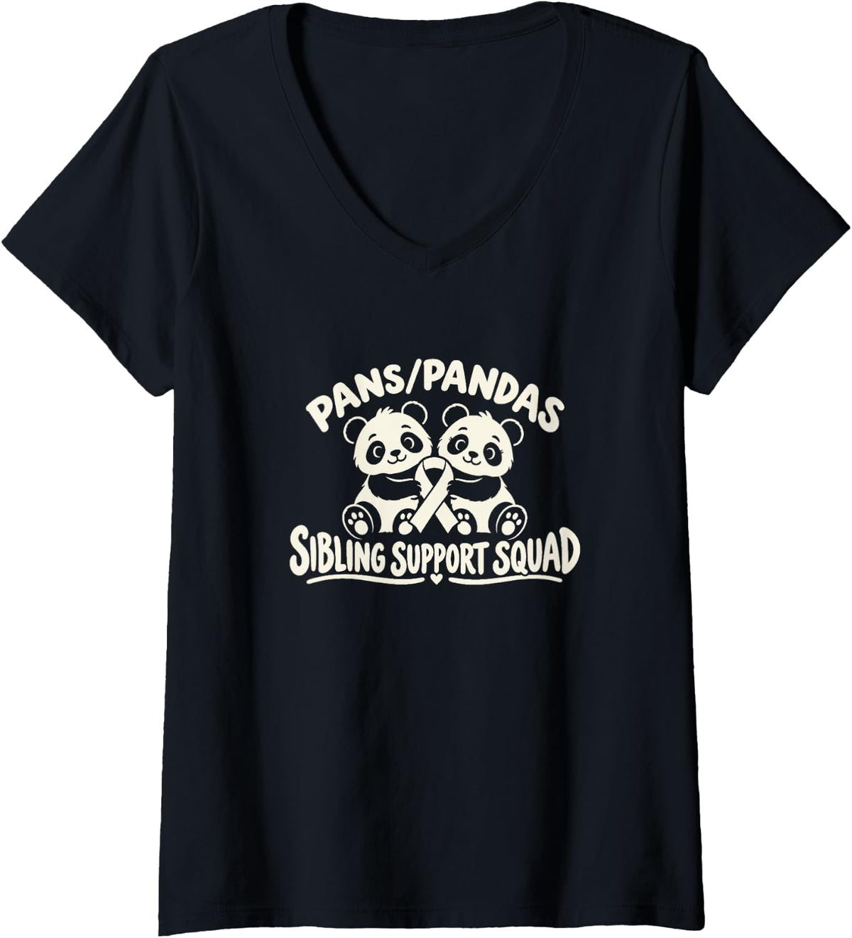 Women's Pans Pandas Sibling Support Squad Panda Silhouette V-Neck T-Shirt - Black