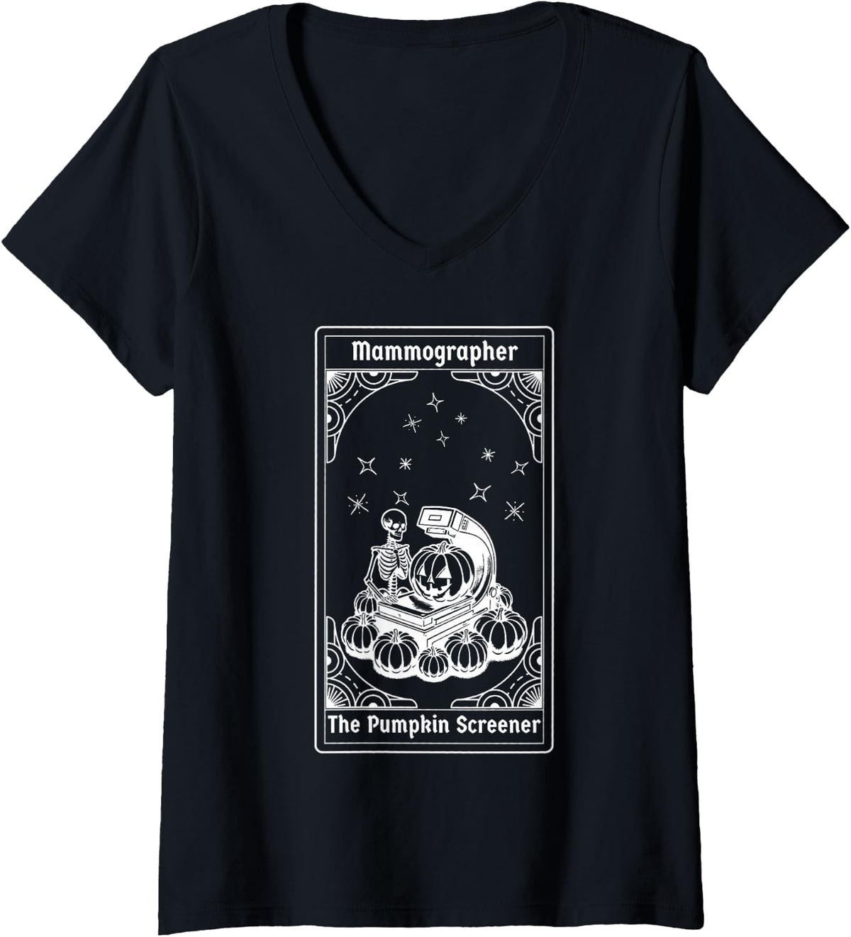 Women's Mammographer Skeleton Tarot Card Radiography Tech Halloween V-Neck T-Shirt - Black