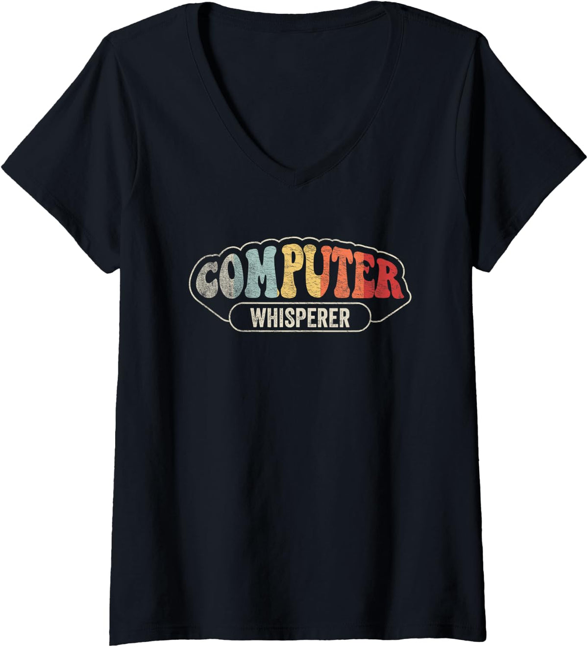 Women's Funny Computer Whisperer Retro Vintage 70s Tech Humor V-Neck T-Shirt - Black