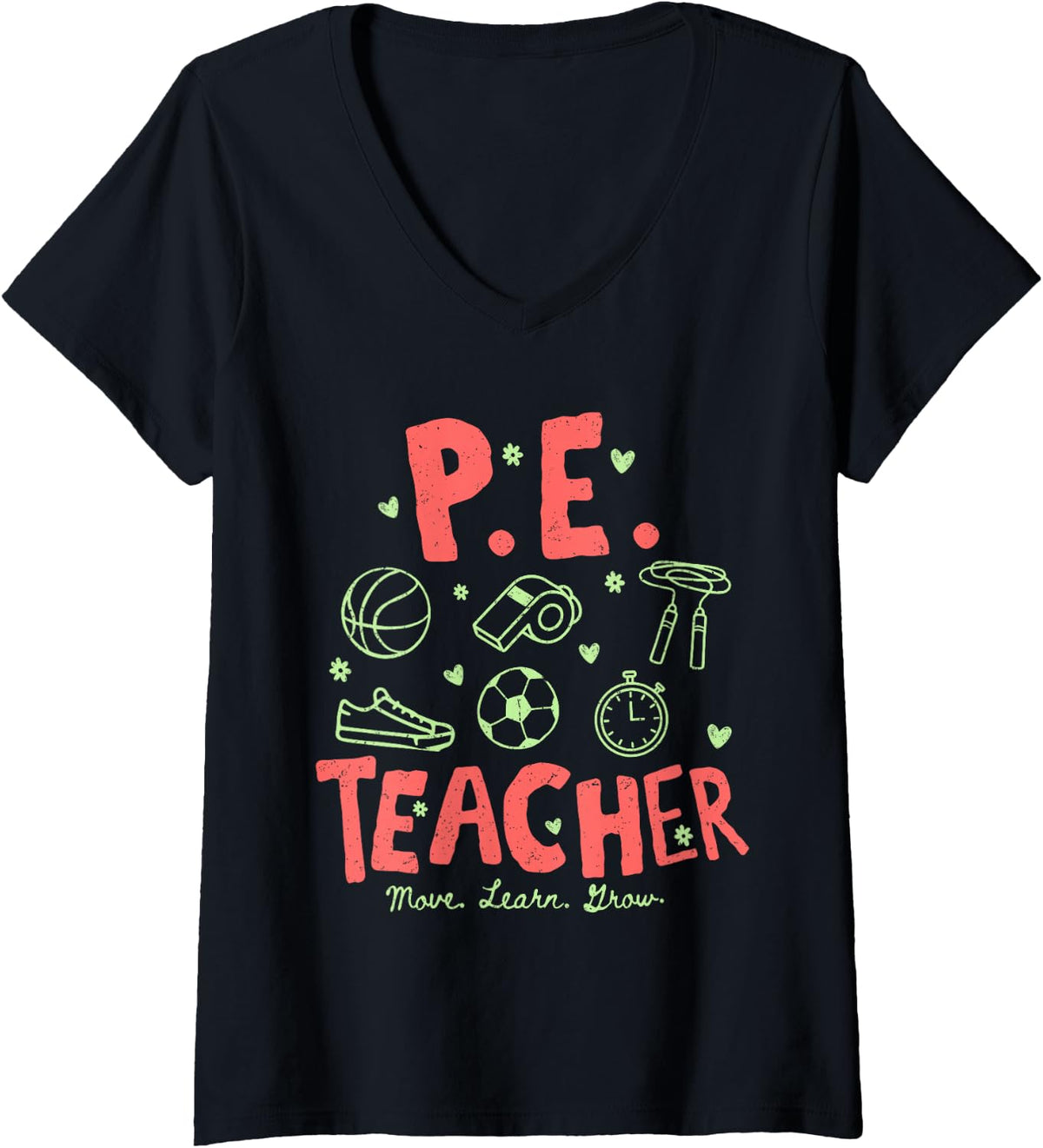 Women's P.E. Teacher Move Learn Grow Distressed Sports V-Neck T-Shirt - Black