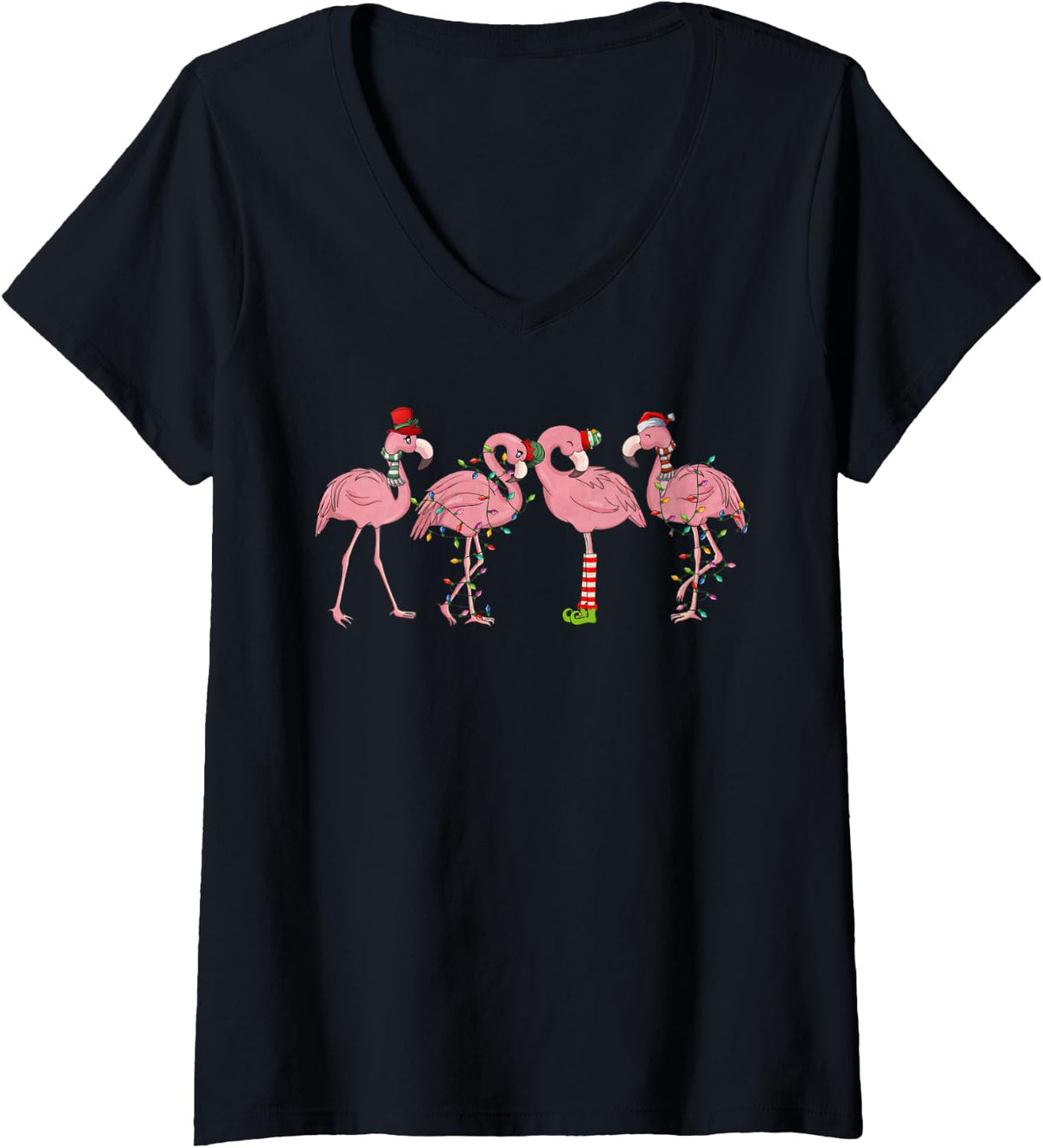Women's Christmas Flamingo Print Flamingo Lover Christmas Light Xmas V-Neck T-Shirt - Black
