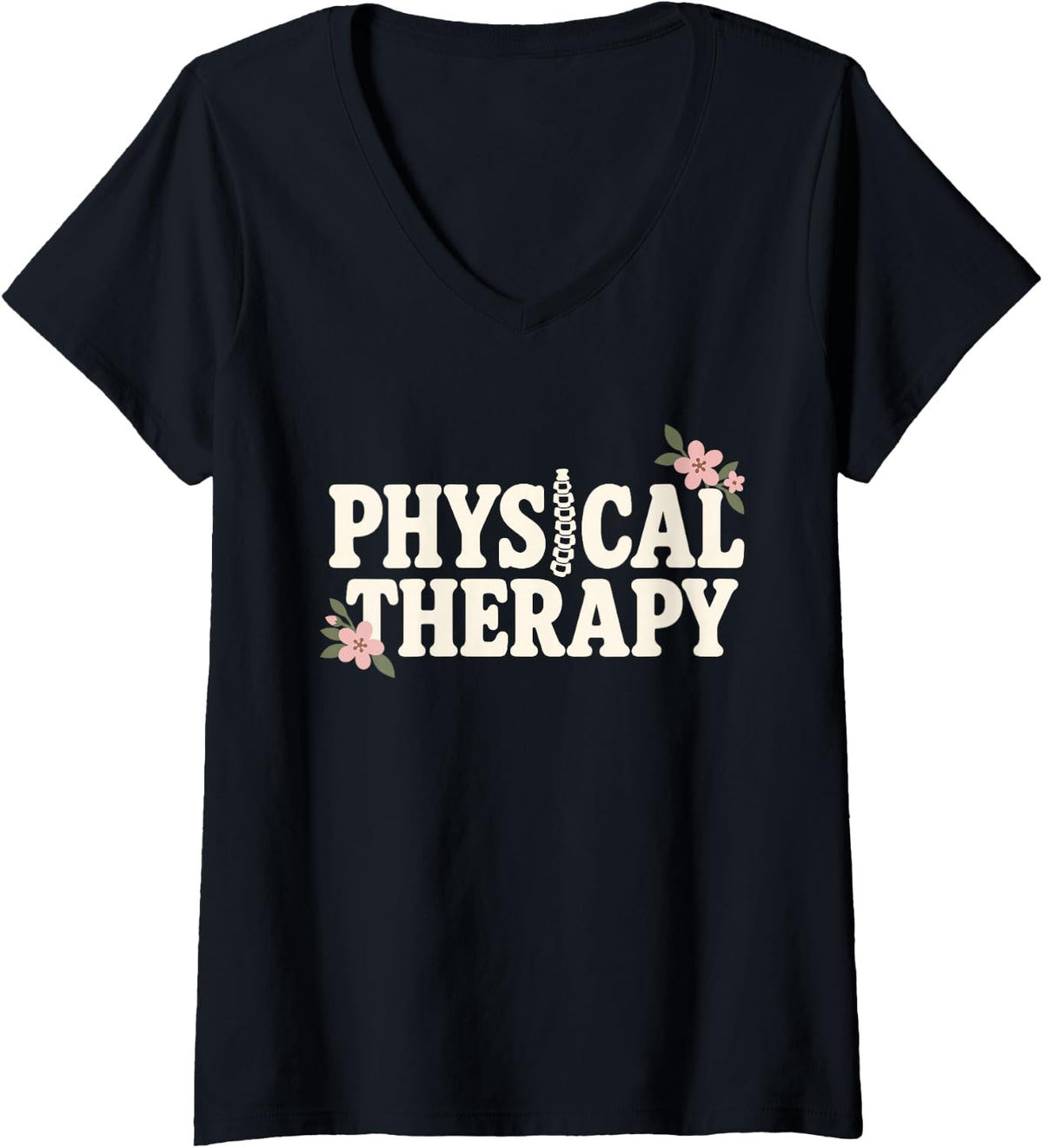 Women's Physical Therapy Floral Spine Physical Therapist V-Neck T-Shirt - Black