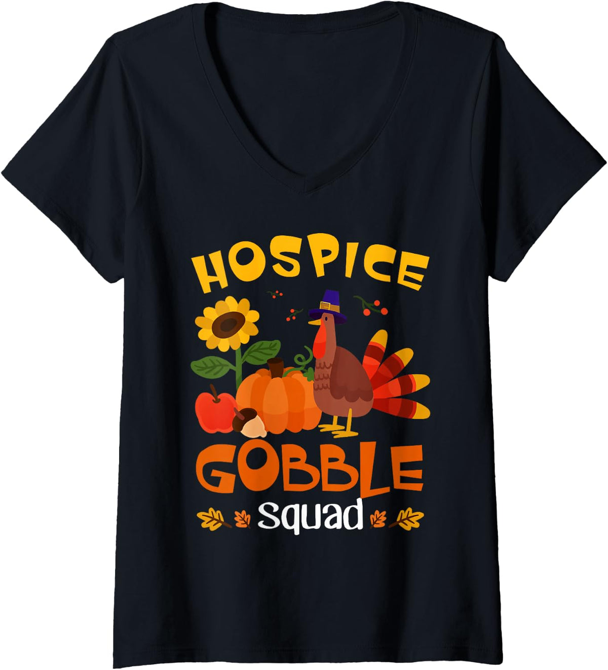 Women's Hospice Gobble Squad Turkey Thanksgiving V-Neck T-Shirt - Black