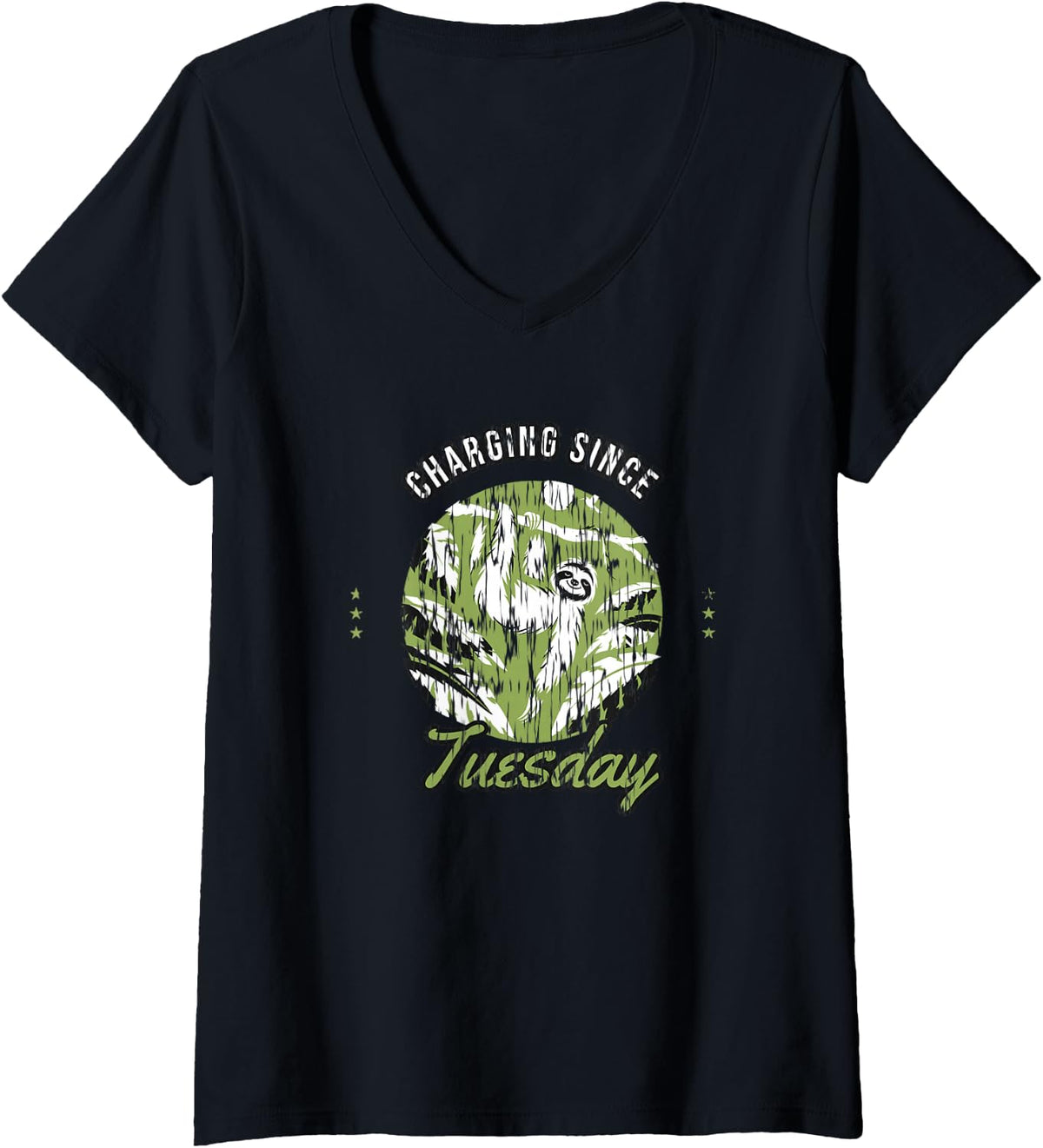 Women's Sloth Lover - Charging Since Tuesday - Sloth Humor V-Neck T-Shirt - Black