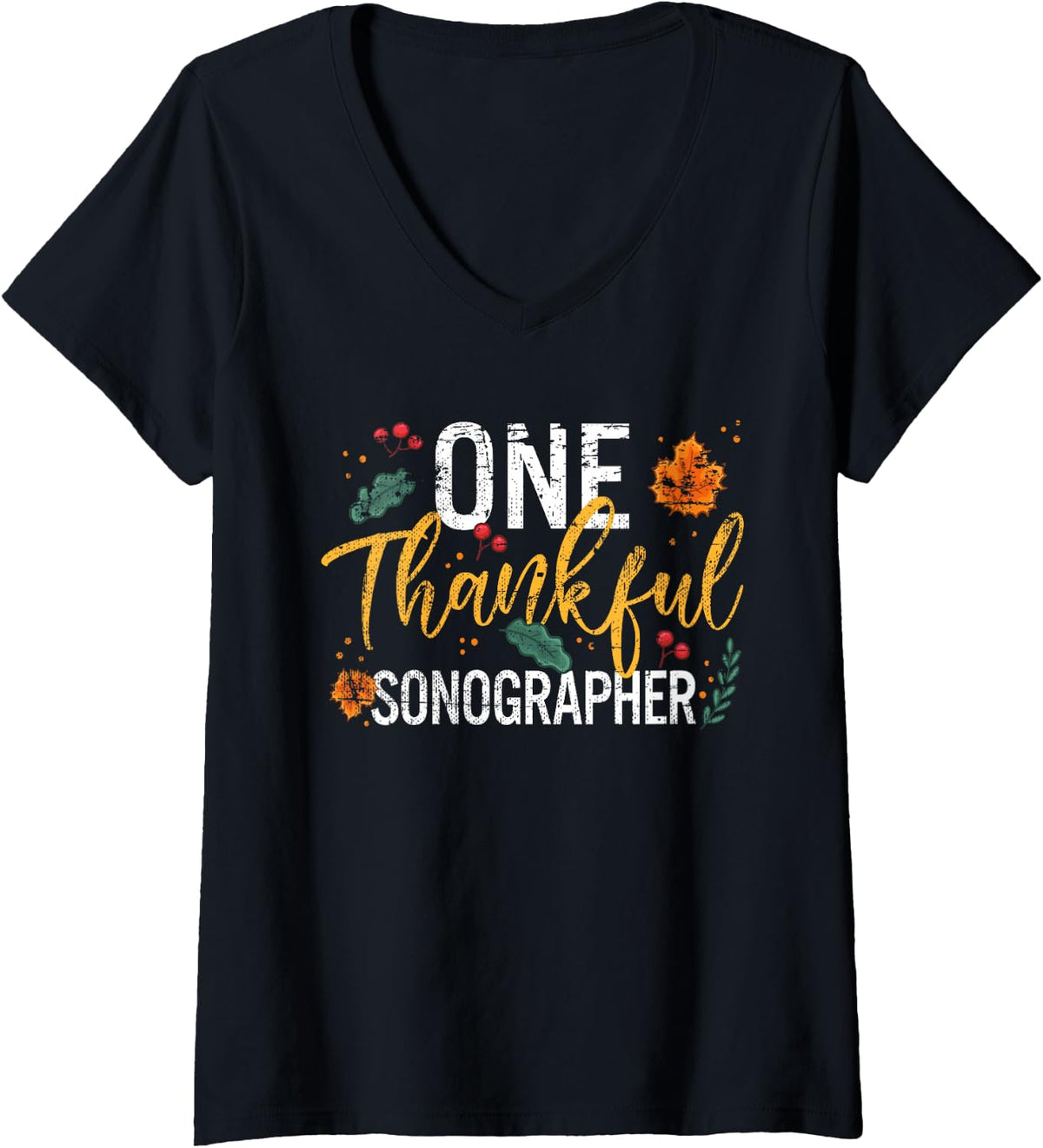 Women's One Thankful Sonographer Thanksgiving Vintage V-Neck T-Shirt - Black