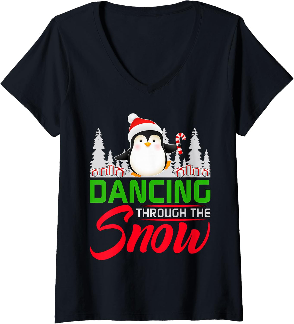 Women's Cute Penguin Dancing Through the Snow Fun Christmas V-Neck T-Shirt - Black