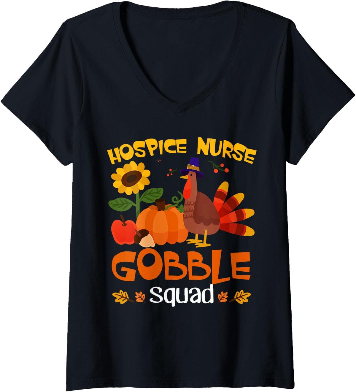 Women's Hospice Nurse Gobble Squad Turkey Thanksgiving V-Neck T-Shirt - Black