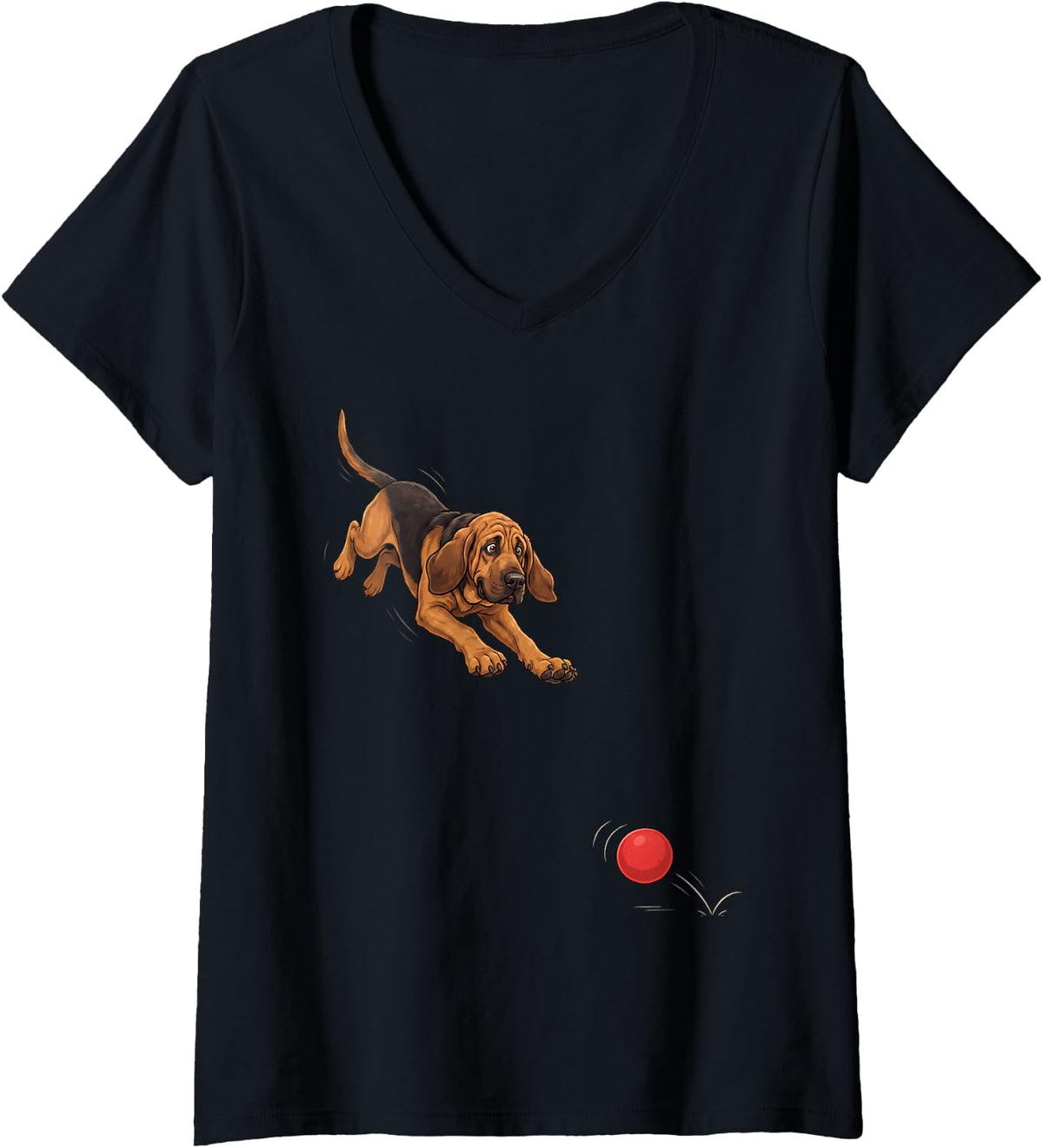 Women's Funny Bloodhound Chasing Ball Dog Humor V-Neck T-Shirt - Black