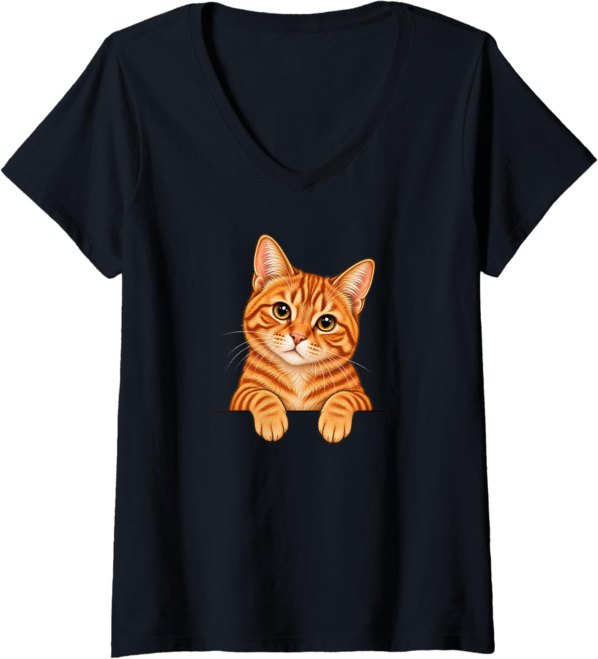 Women's Womens Girls Moms Orange Cat Energy Pocket Tabby Cat Lover V-Neck T-Shirt - Black