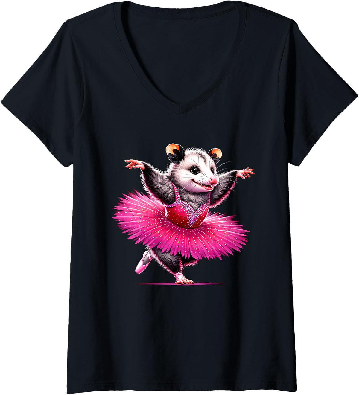 Women's Ballerina Opossum Dancing V-Neck T-Shirt - Black