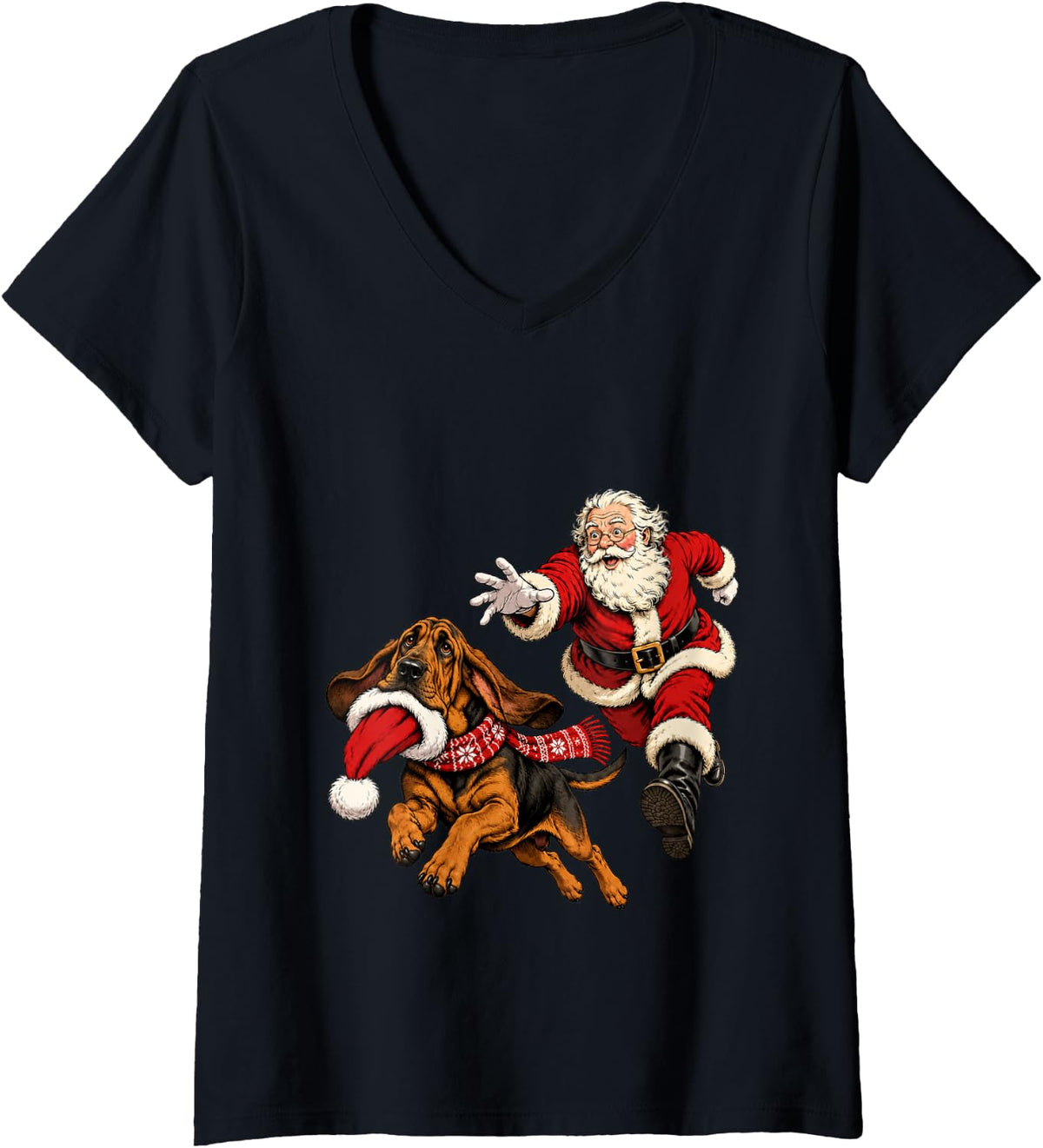 Women's Funny Santa Chasing Bloodhound Christmas Dog Mom Pet V-Neck T-Shirt - Black
