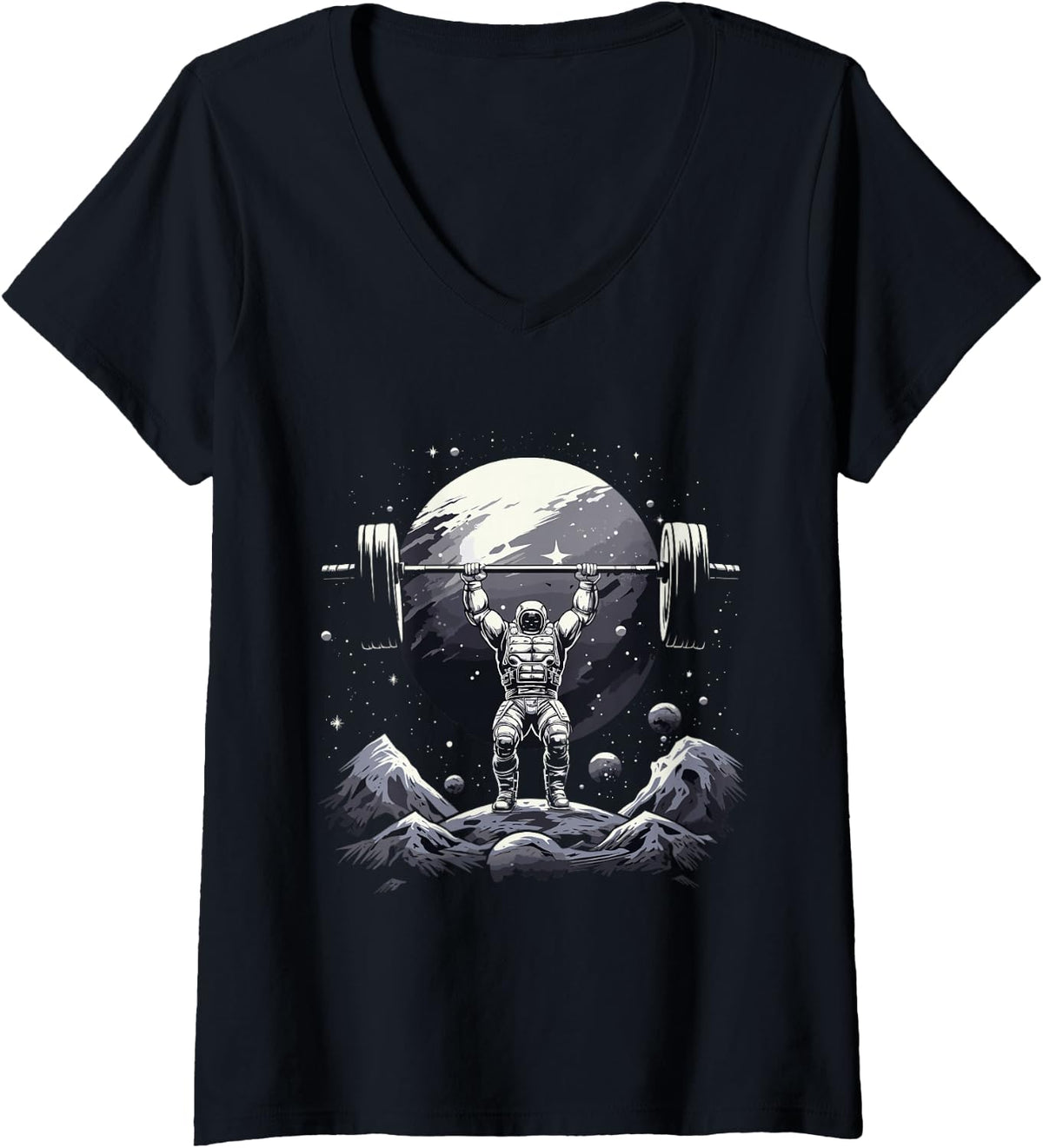 Women's Funny Astronaut Space Weightlifting Fitness Gym Workout Men V-Neck T-Shirt - Black