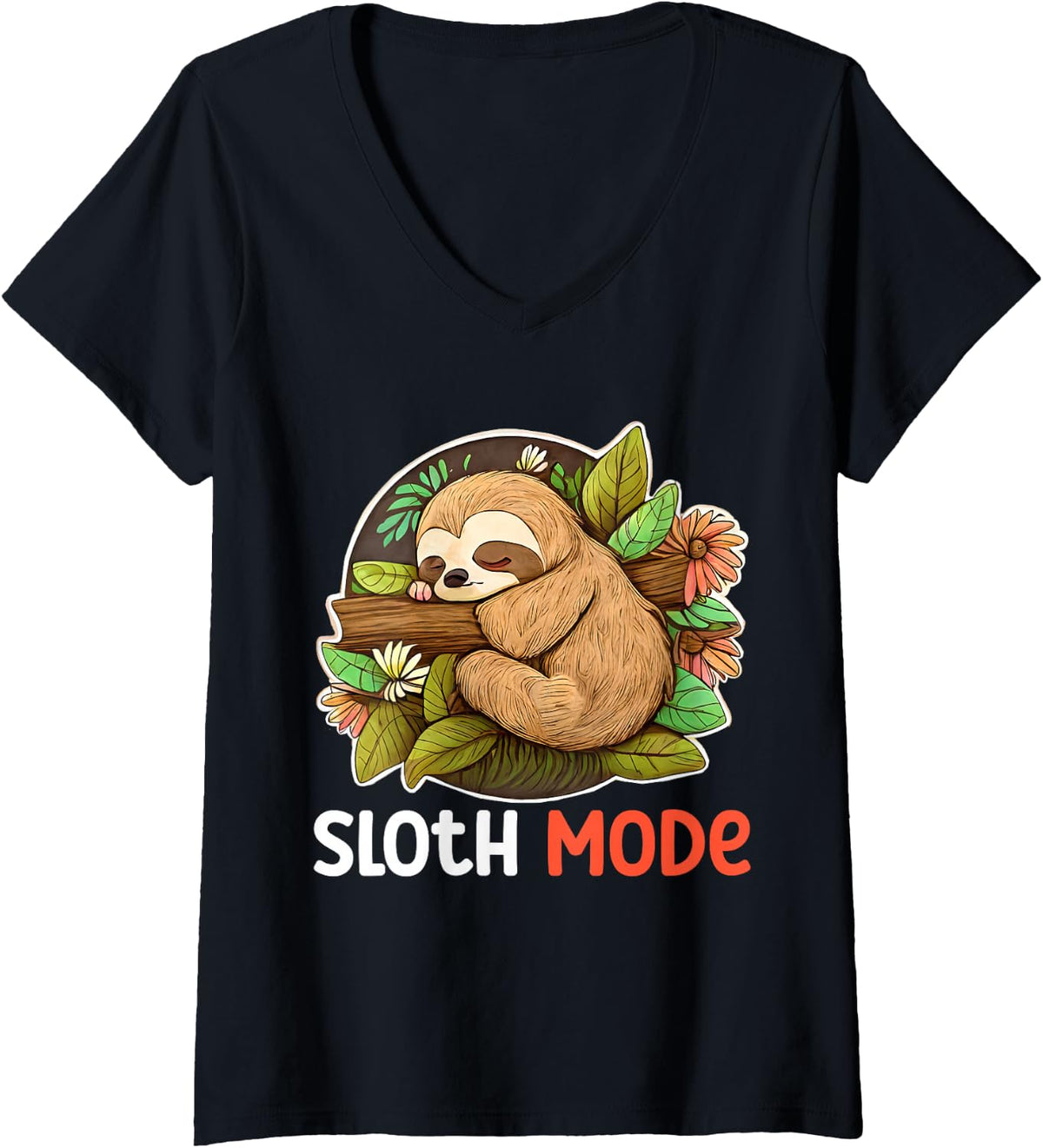 Women's Funny Cute Sloth Mode Napping Lovers Sarcastic Lazy Birthday V-Neck T-Shirt - Black